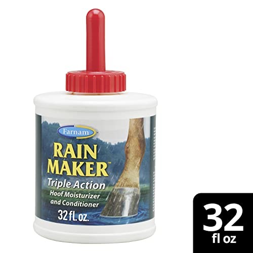 Farnam Rain Maker Triple Action Hoof Oil for horses in a 32 oz bottle, moisturizing and conditioning horse hooves.