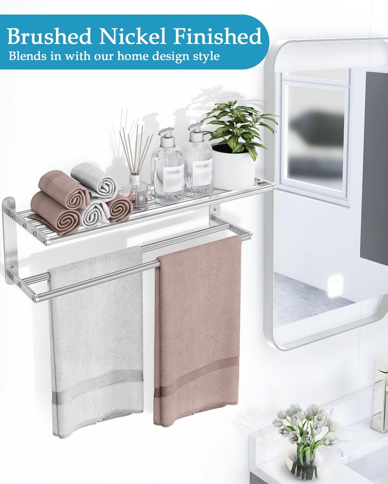 VOTZAAQ bathroom towel rack with 24-inch shelf and double towel bars, mounted on tiled wall for organized towel storage.