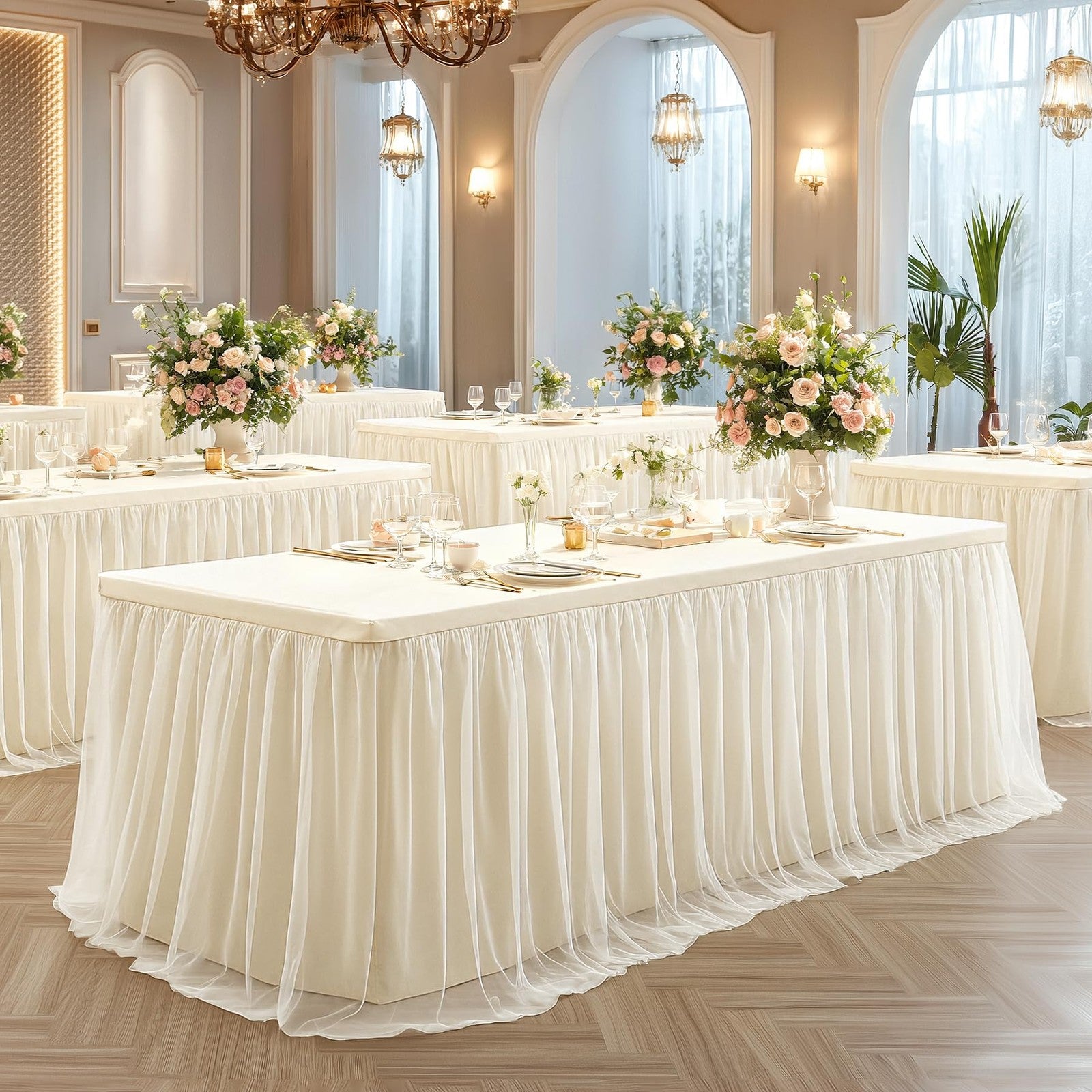 Ivory tulle tablecloth by Wish Care for 8-foot rectangle tables, showing the stretchy, elegant fabric draped over the table.