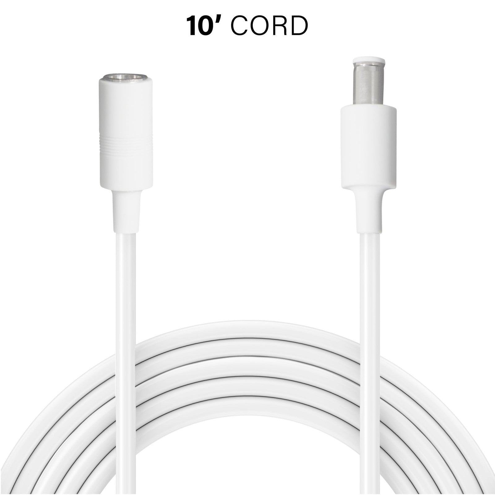 Sanus 10-foot white extension cable for Echo Show 15, connecting to AC adapter for a 15-foot power extension.