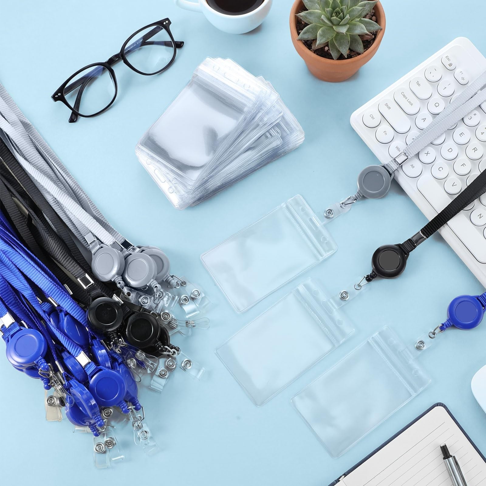 Marspark 50-piece set of flat lanyards with retractable ID holders, displayed with various colors and attachment options.