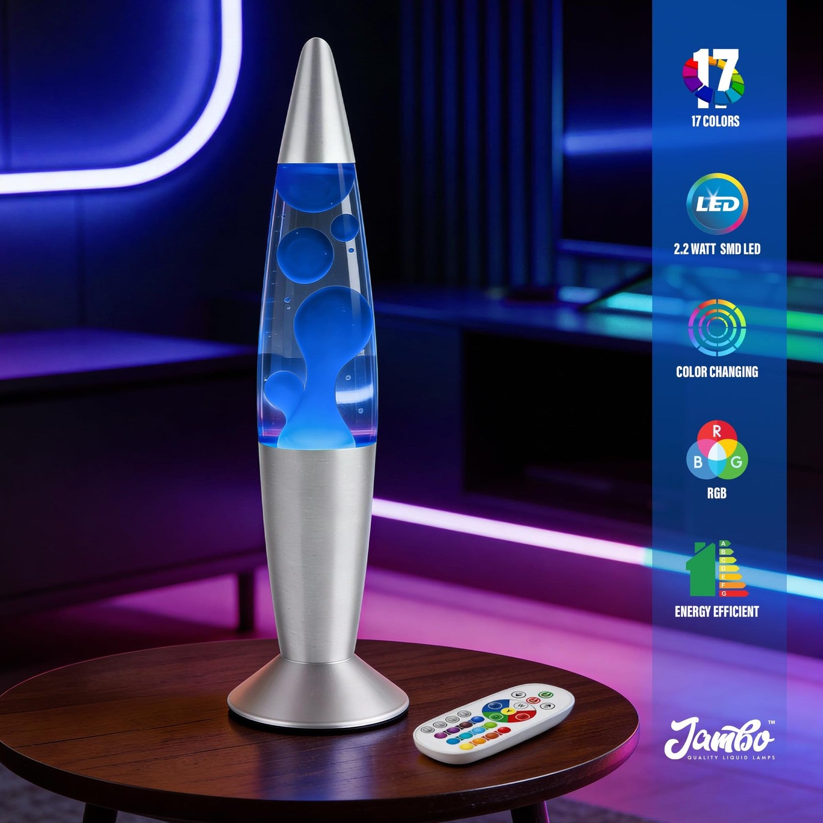 JAMBO 17-color changing LED motion lamp with remote control, 13-inch LED light for kids and teens, featuring vibrant color transitions.