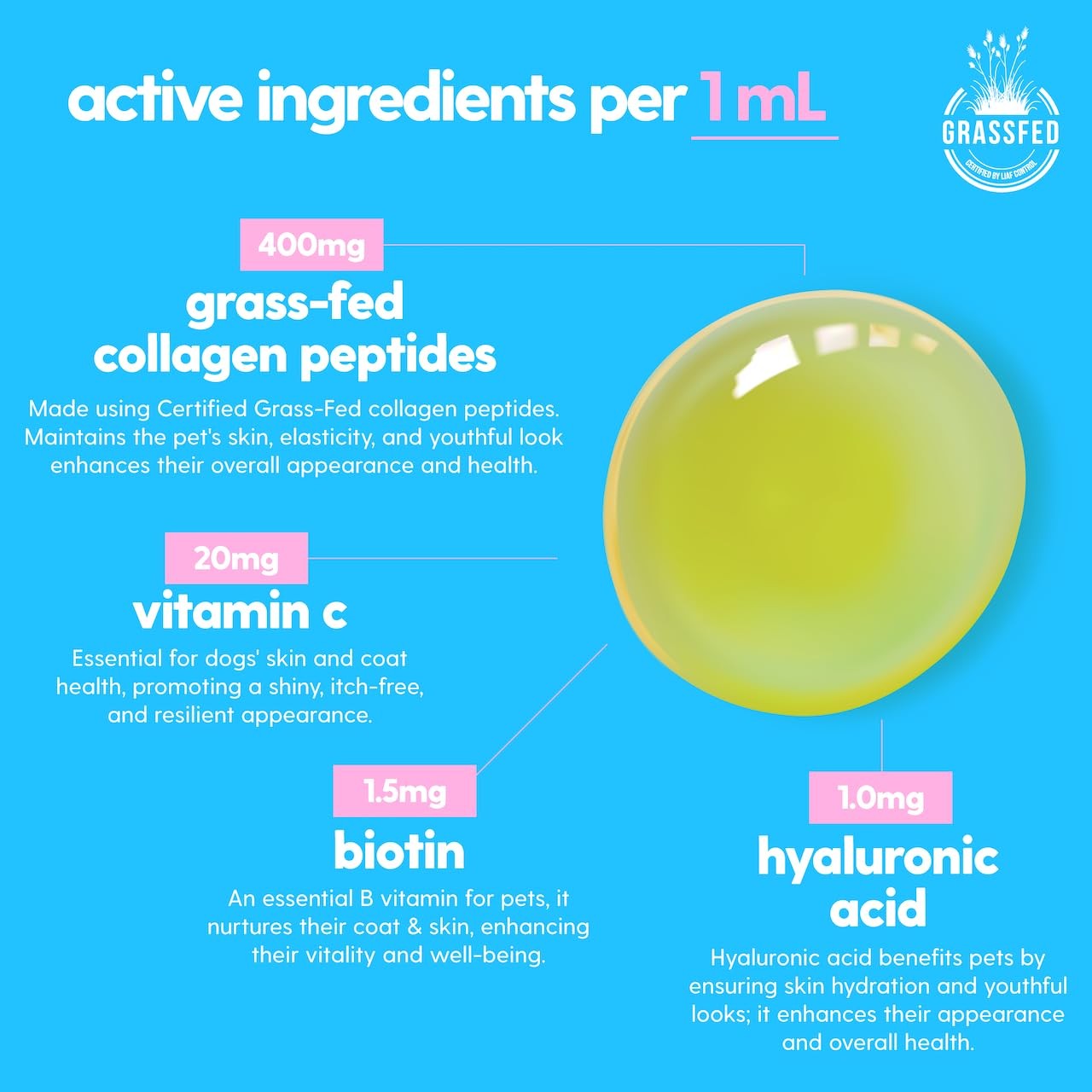 Taily Premium Grass-fed Collagen for Dogs and Cats skin and coat supplement, showing the liquid collagen bottle and packaging.