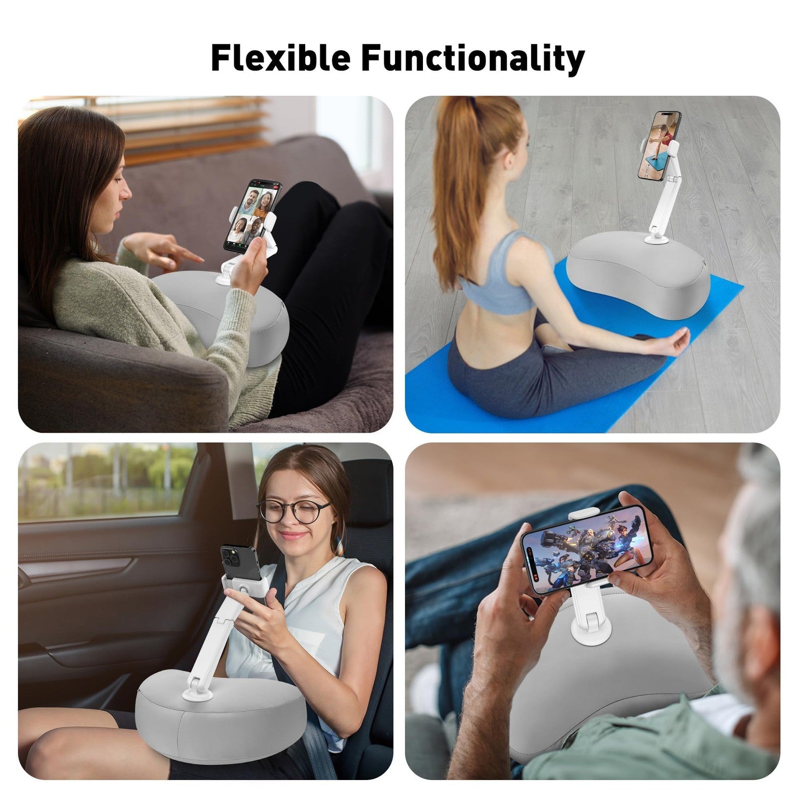 Flexible arm pillow phone holder for bed with 360-degree rotation, designed to securely hold smartphones comfortably.