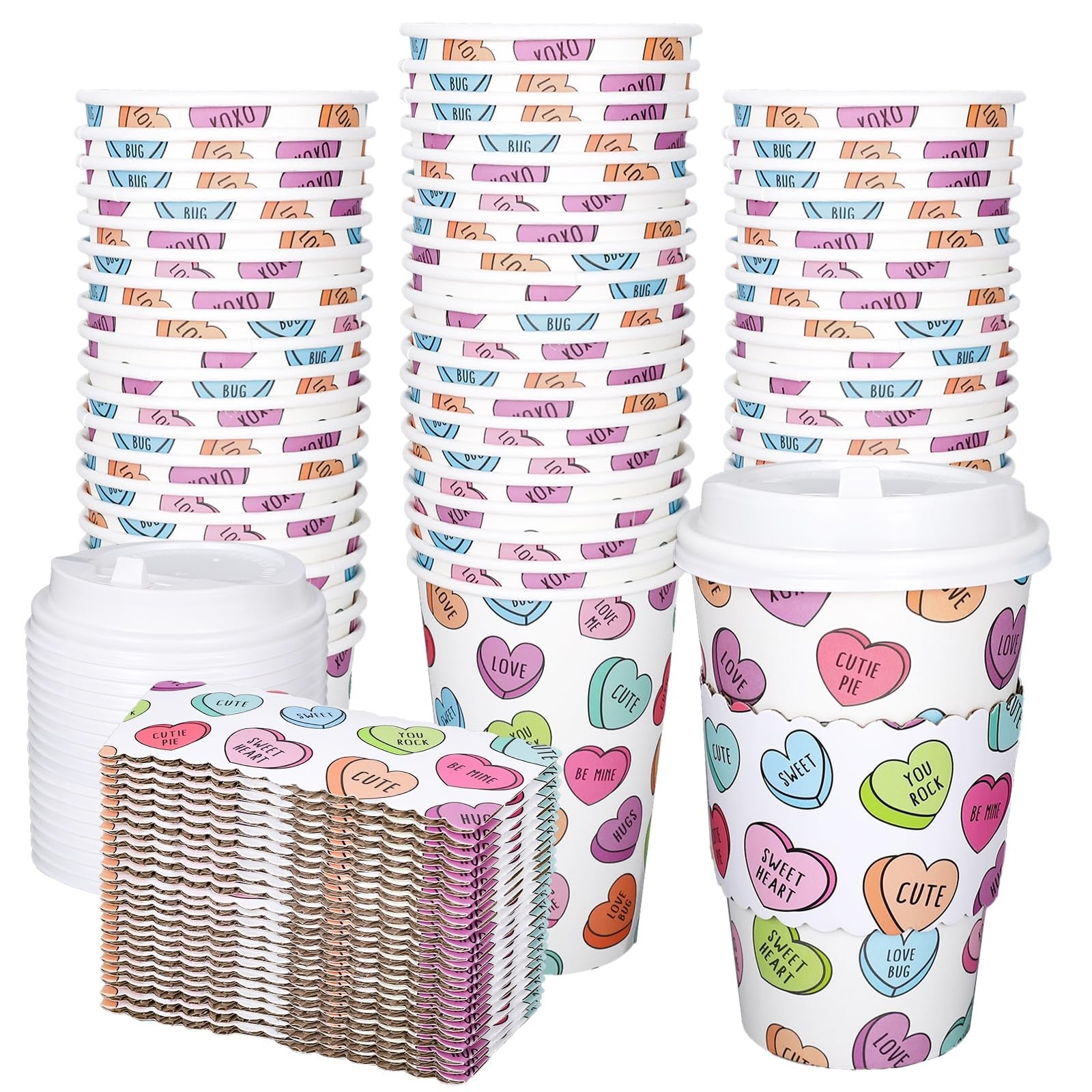 Whaline 50-pack colorful disposable coffee cups with lids and sleeves, ideal for Valentine's Day celebrations