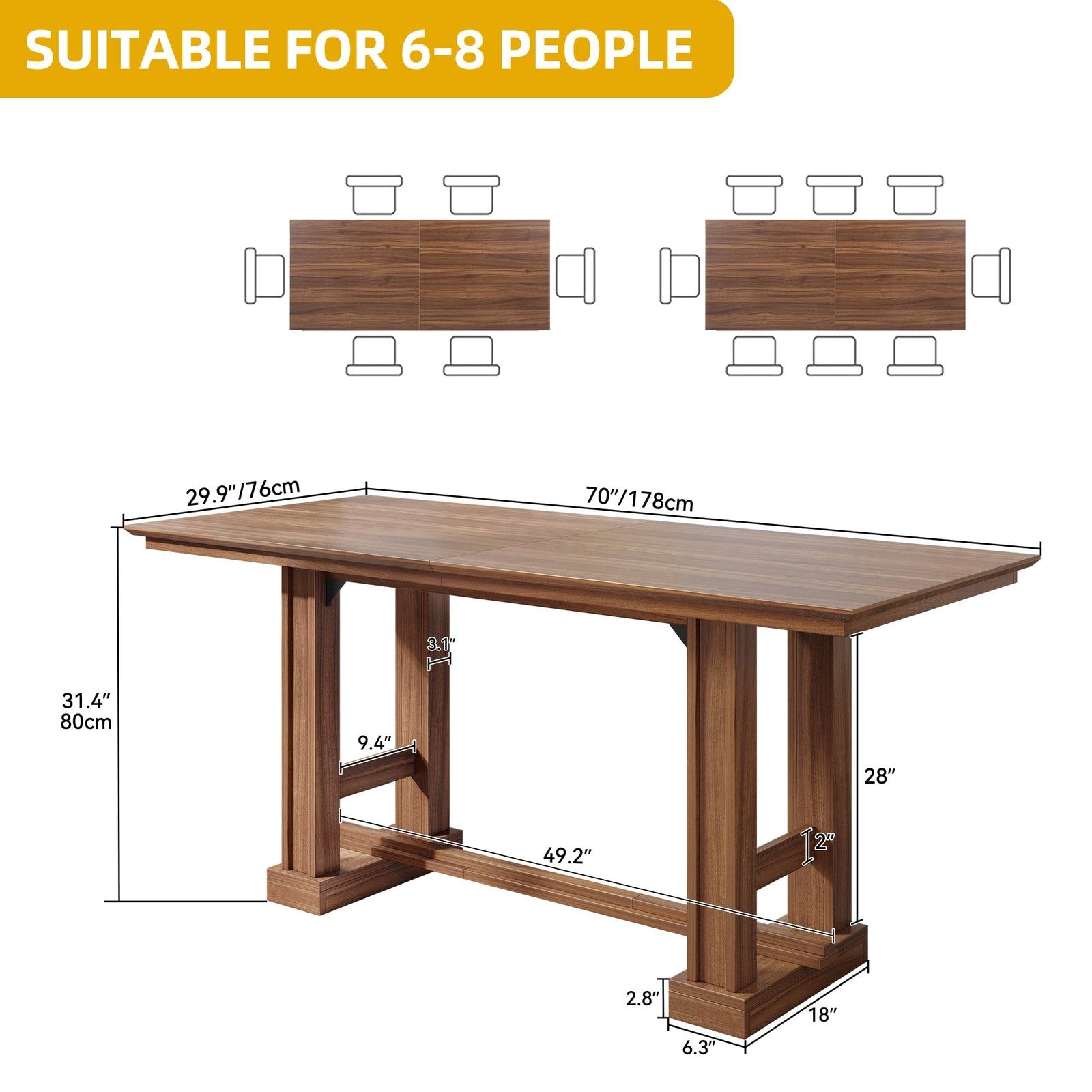 Wooden farmhouse dining table for 6-8 people, 70 inches long, sturdy kitchen table with rustic design