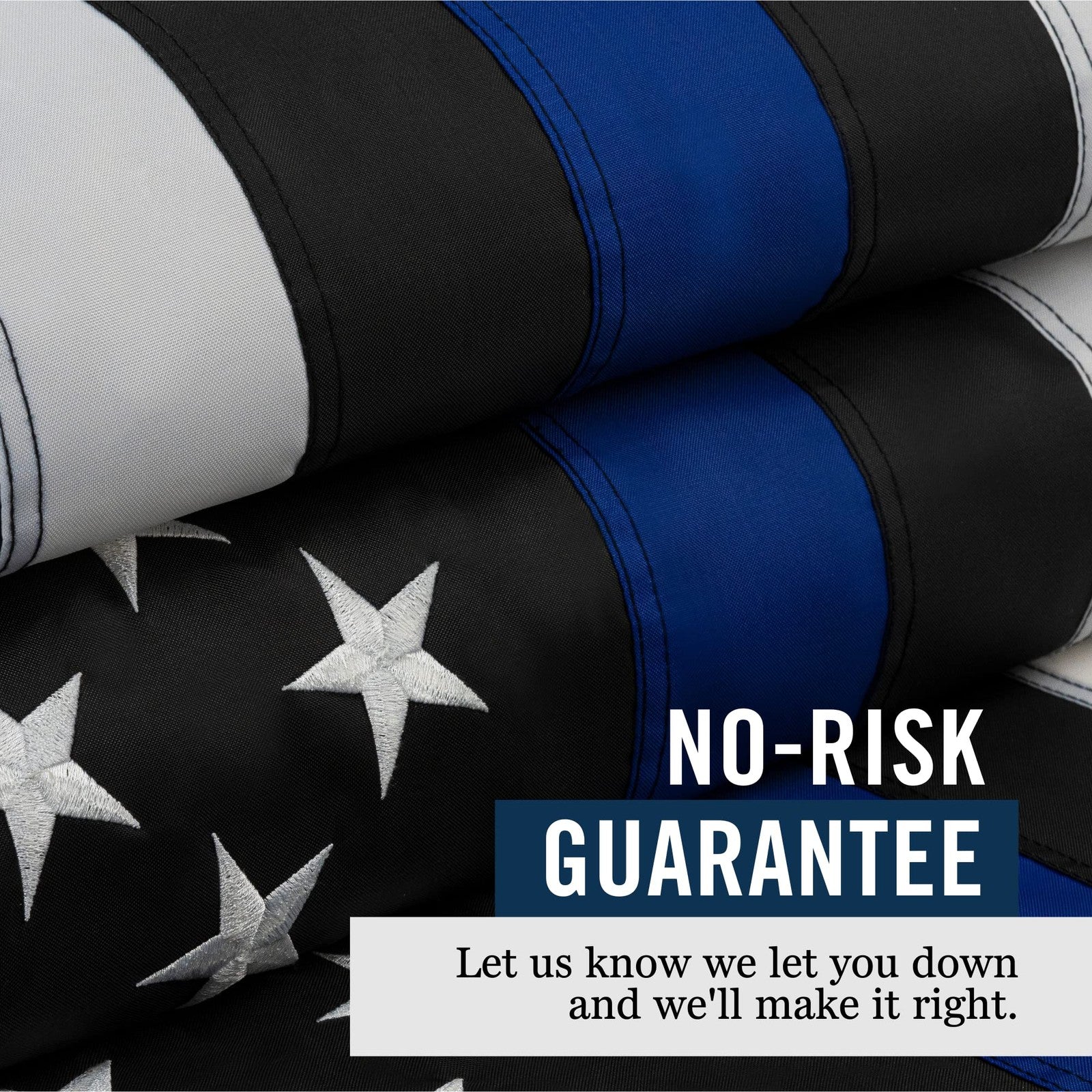 Front Line Flags Thin Blue Line USA flag, 5x8 ft, heavy-duty embroidered police flag displayed outdoors.