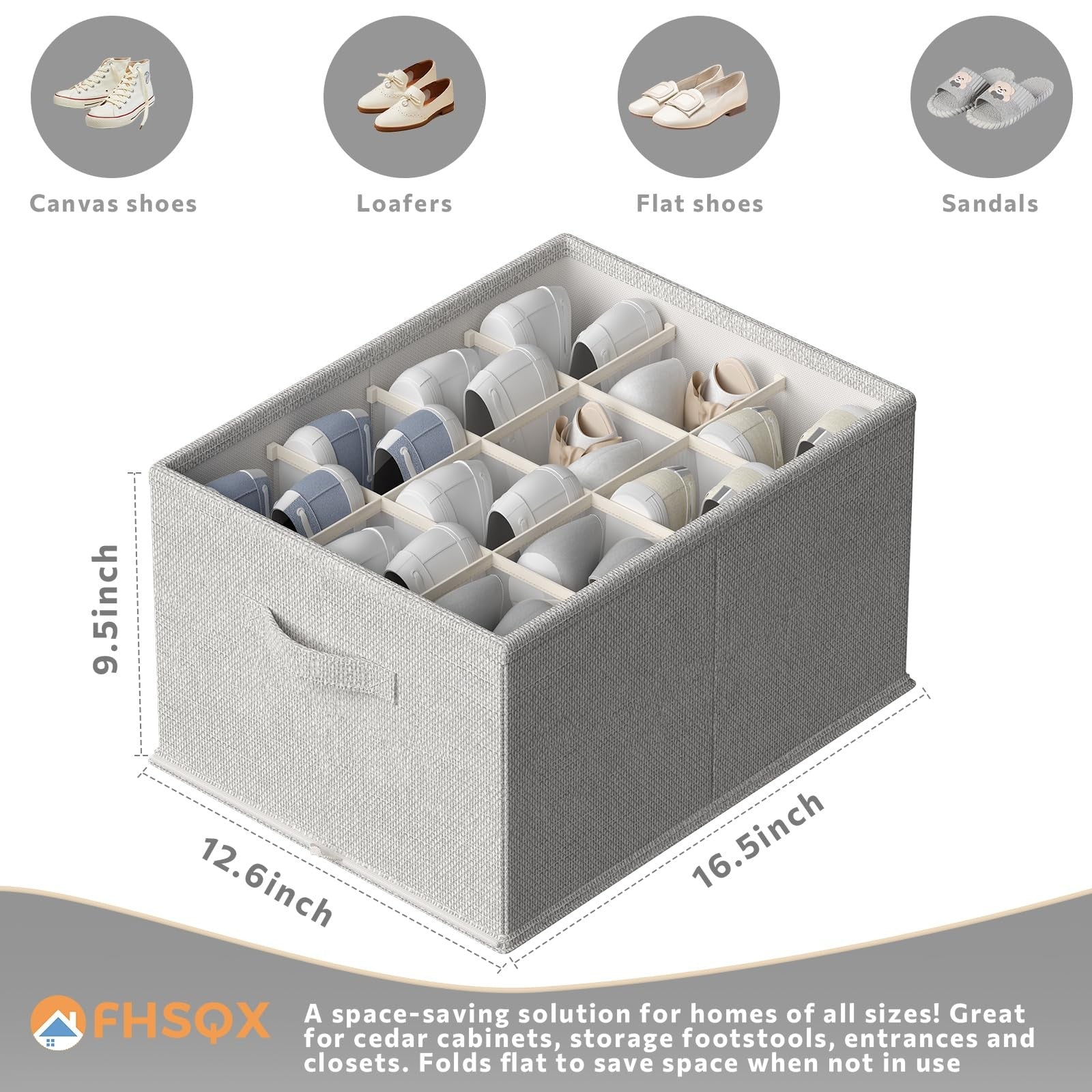 FHSQX four-pack foldable shoe organizer containers with handles, designed for closet storage, fits up to 48 pairs of shoes.