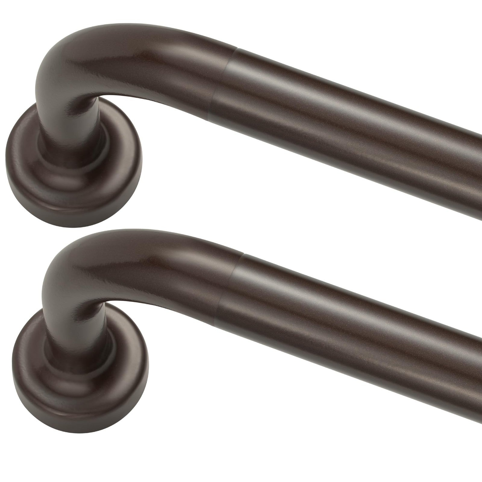 Dark bronze Lwiiom 1-inch disc curtain rods in a 2-pack, shown mounted on a window with curtains, suitable for 28 to 48-inch openings.