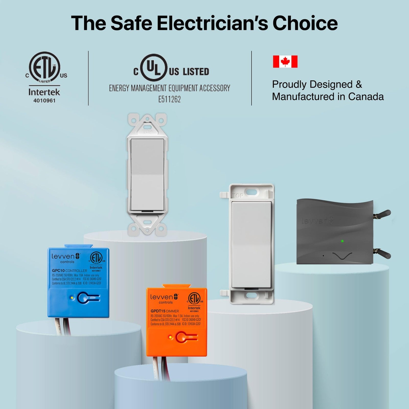 Wireless single-pole on/off switch and receiver kit by Levven, decorator-style with remote control and receiver unit.