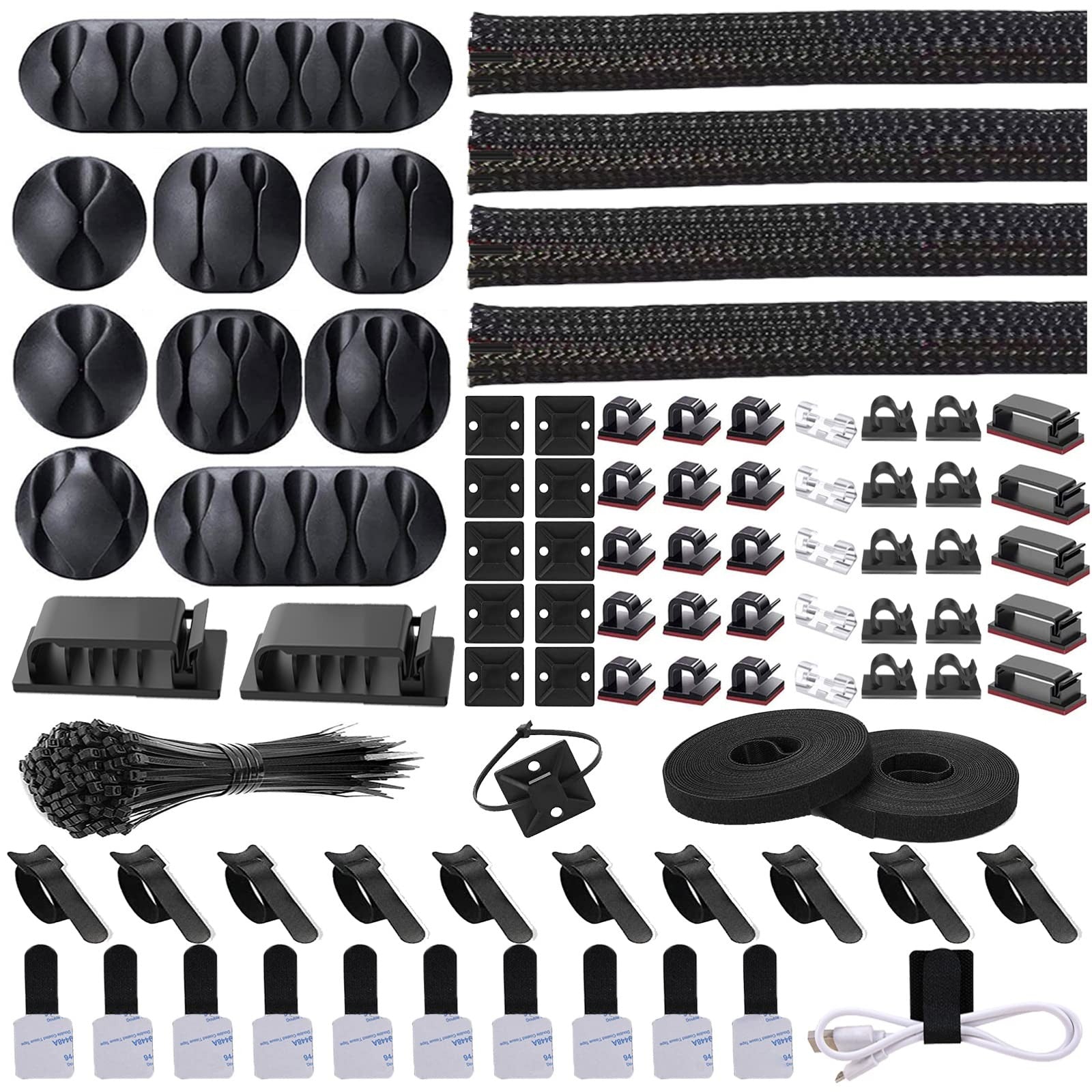 N NOROCME cord management organizer kit with 4 split cable sleeves and 41 self-adhesive cable clips for neat wiring.