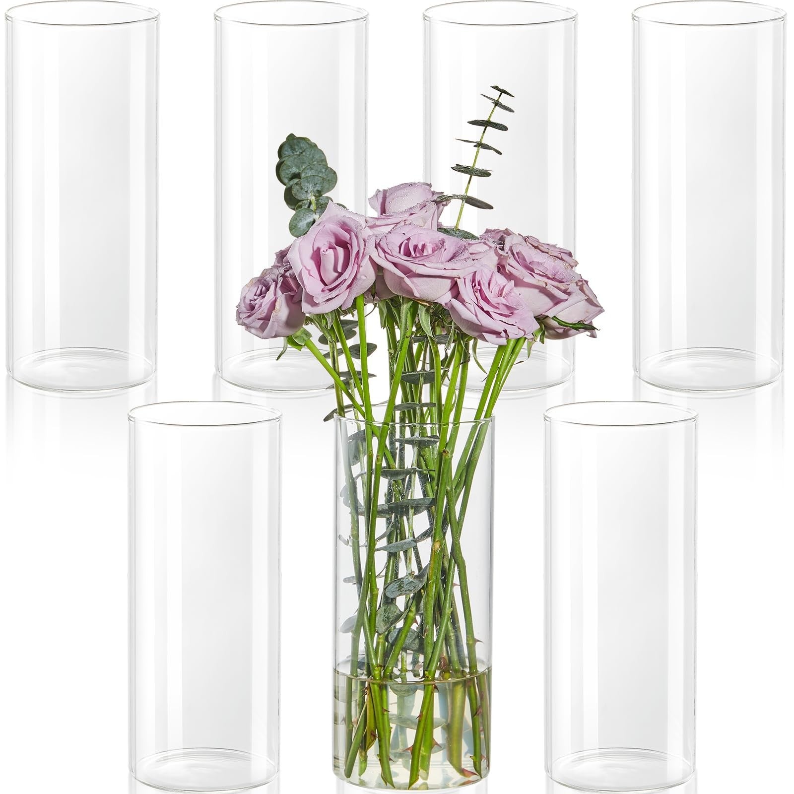 Set of 7 DYMFADFB 8-inch glass cylinder vases for centerpieces, clear tall glass vases ideal for floral arrangements and decor.
