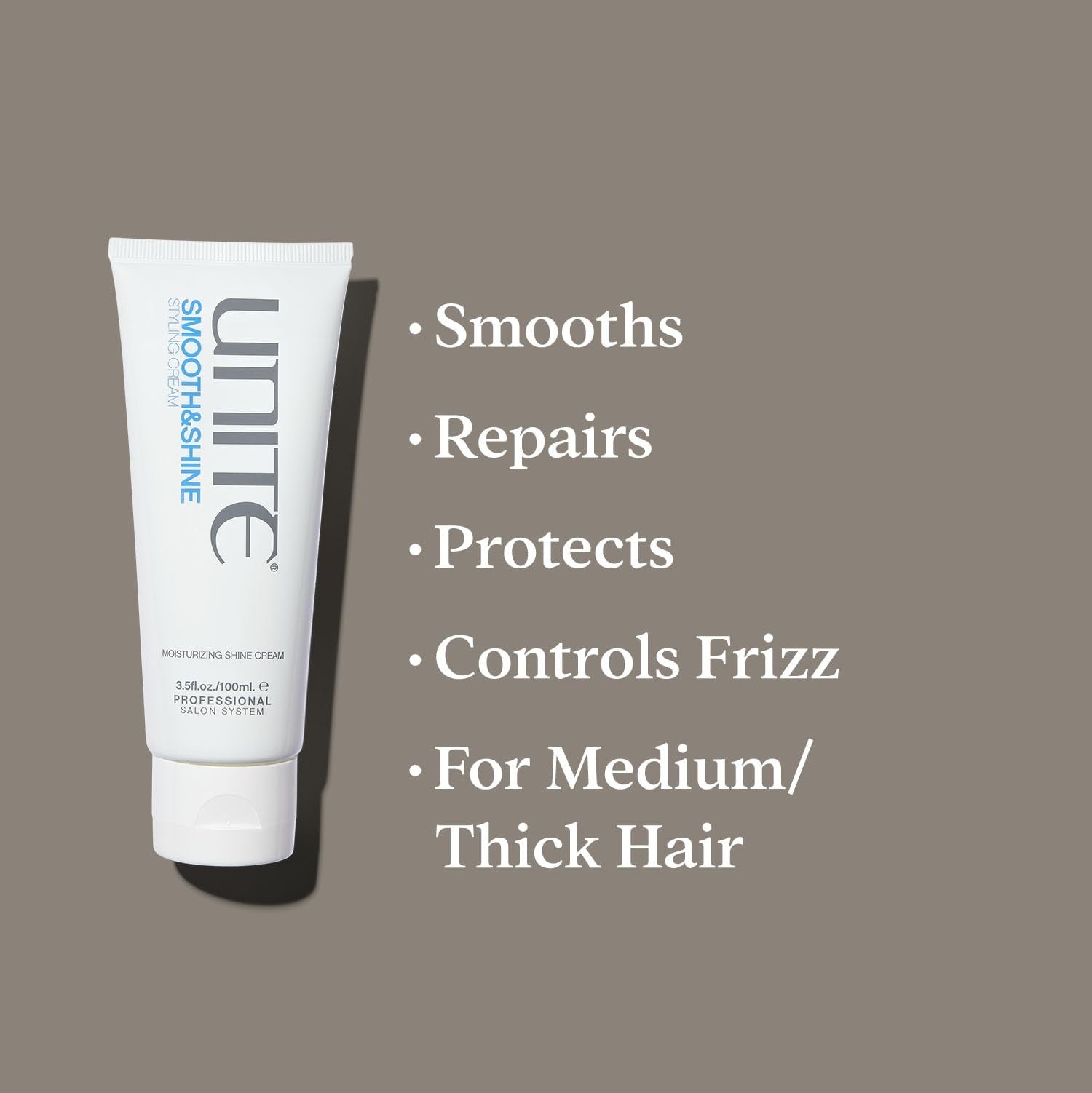 UNITE Hair SMOOTH&SHINE Styling Cream jar showing the product label and a smooth, shiny cream inside for frizz control and shine.