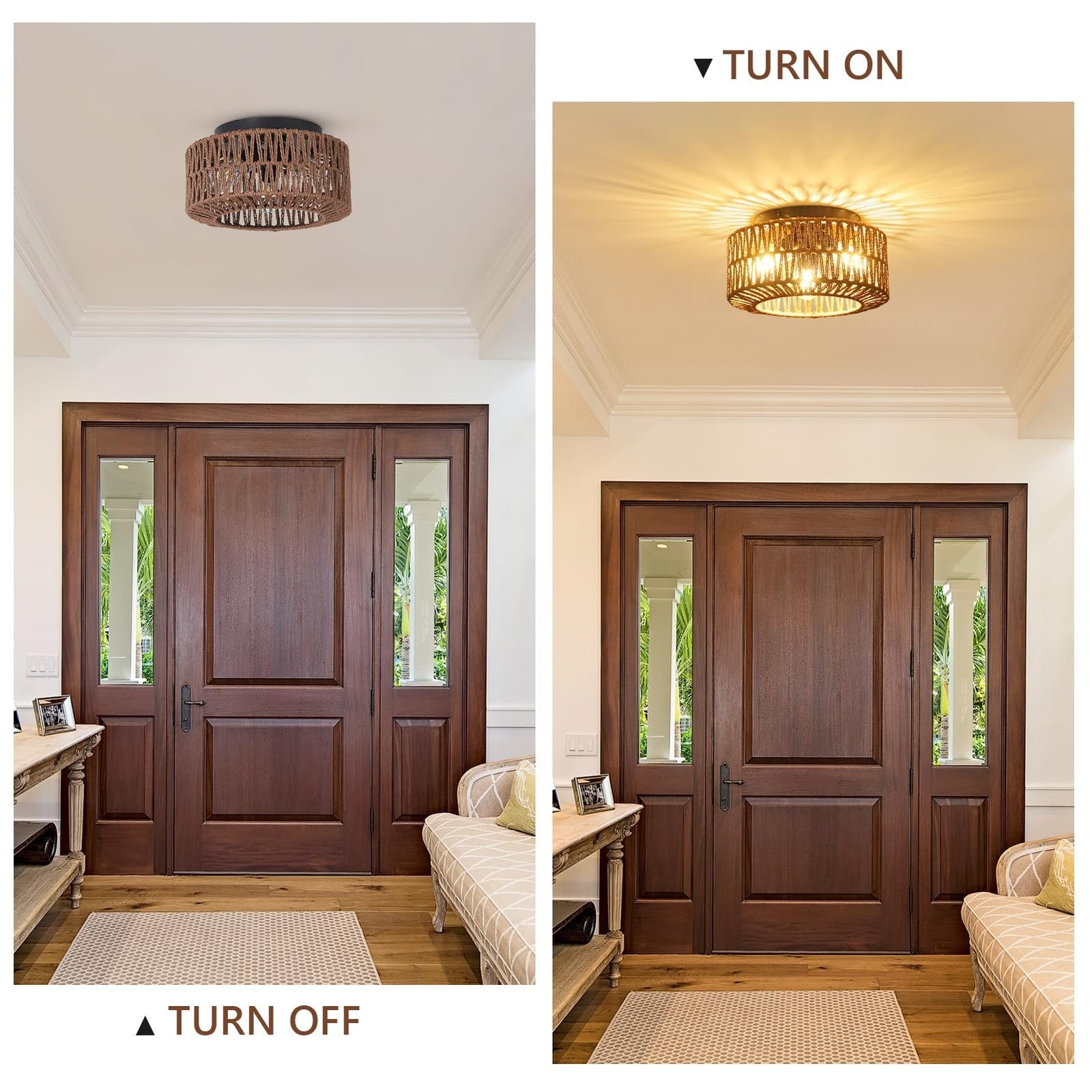 PAUFUL Boho 3-light farmhouse rattan ceiling light fixture with woven rattan design and farmhouse style mount.
