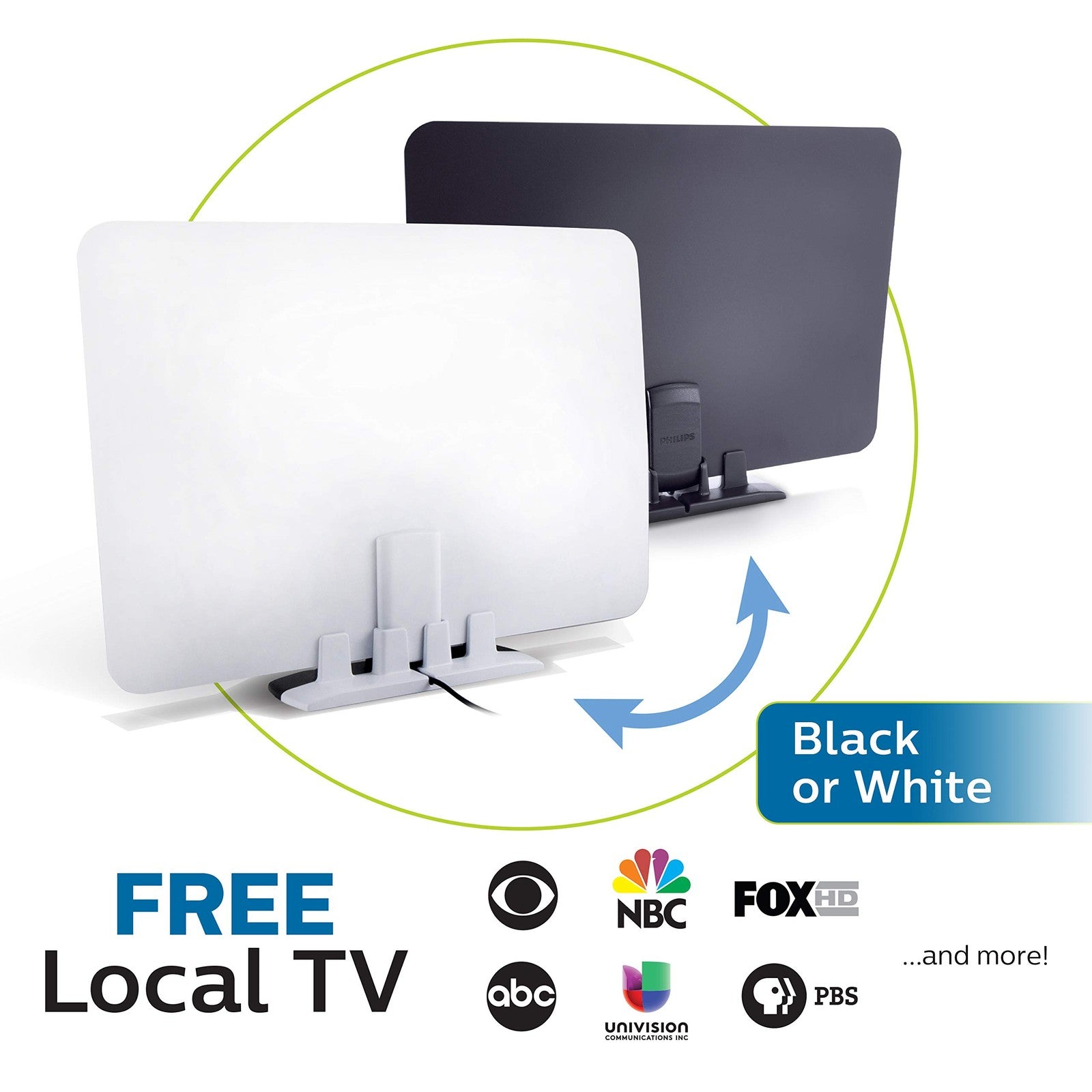 Philips indoor switch TV antenna in black and white finish, designed for home use, with adjustable reversible panel for optimal reception.