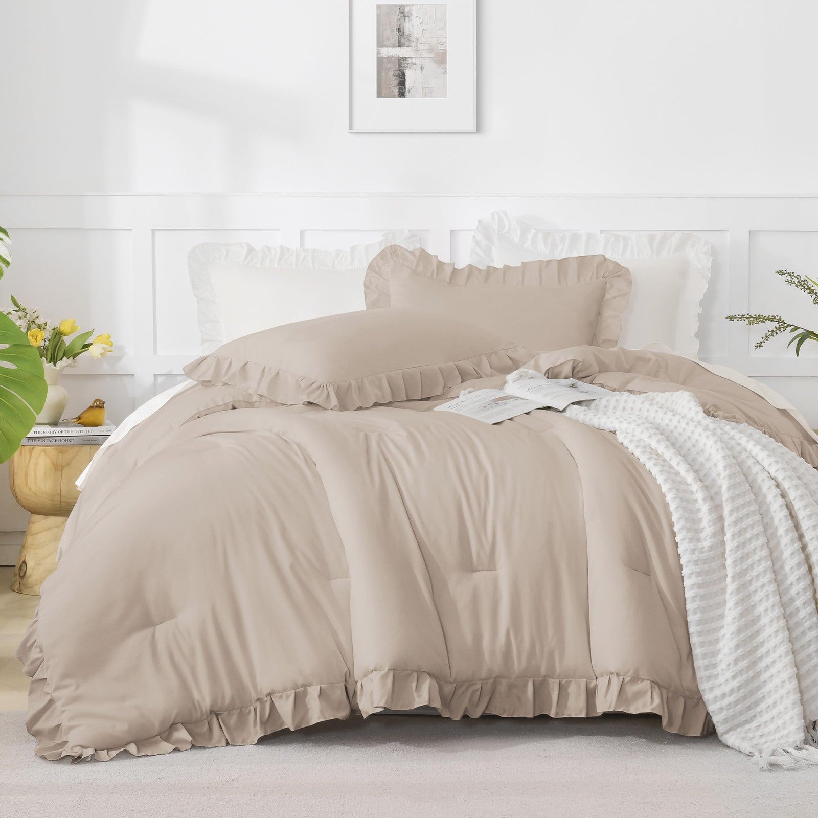 Andency khaki farmhouse comforter set with ruffled edges, includes three full-size pieces for shabby chic bedroom decor.