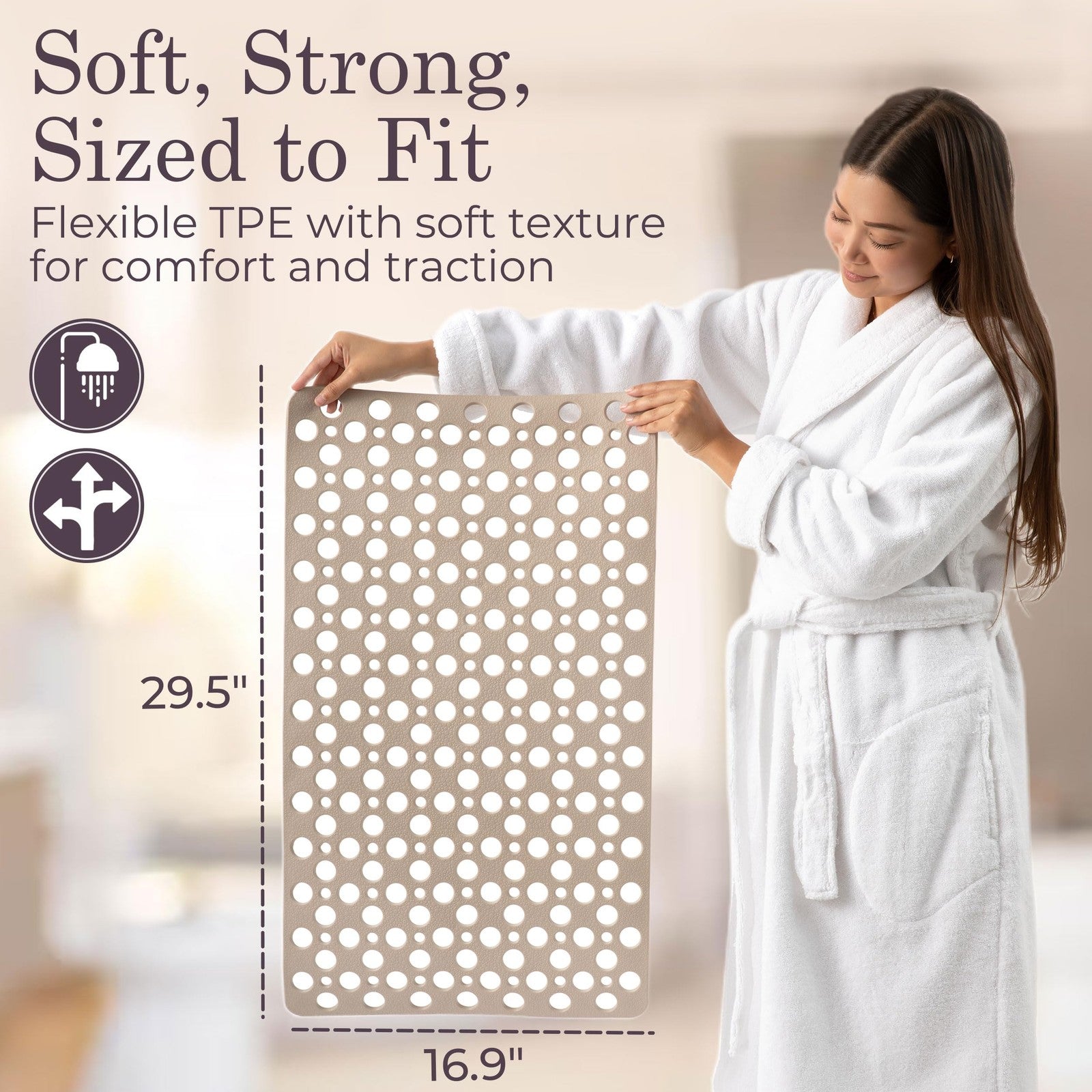 LUMA HOME beige non-slip shower and bathtub mat with strong suction cups and textured TPE surface for safety.