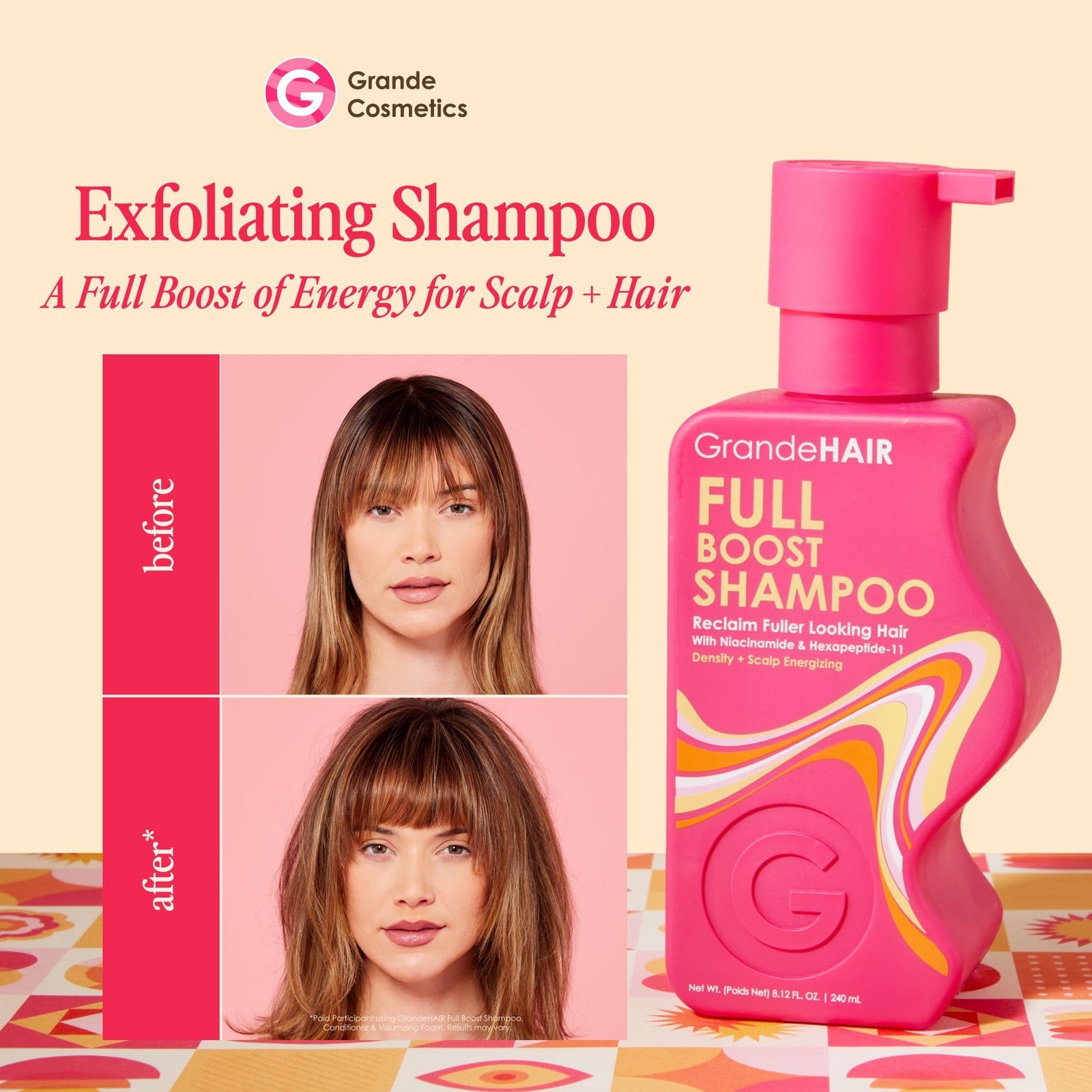 Grande Cosmetics GrandeHAIR Peptide Shampoo bottle with label, designed for hair thickening and reducing fallout.