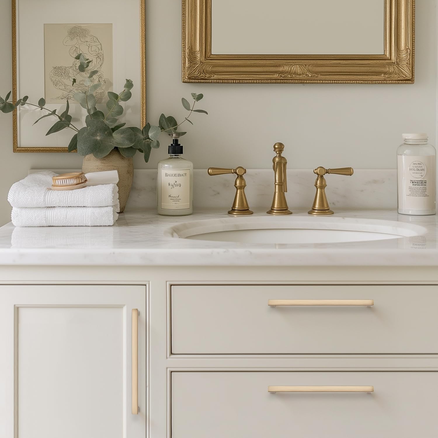 Set of 10 Ravinte 5-inch center-to-center slim square cabinet handles in champagne finish, showing sleek modern pull handles.