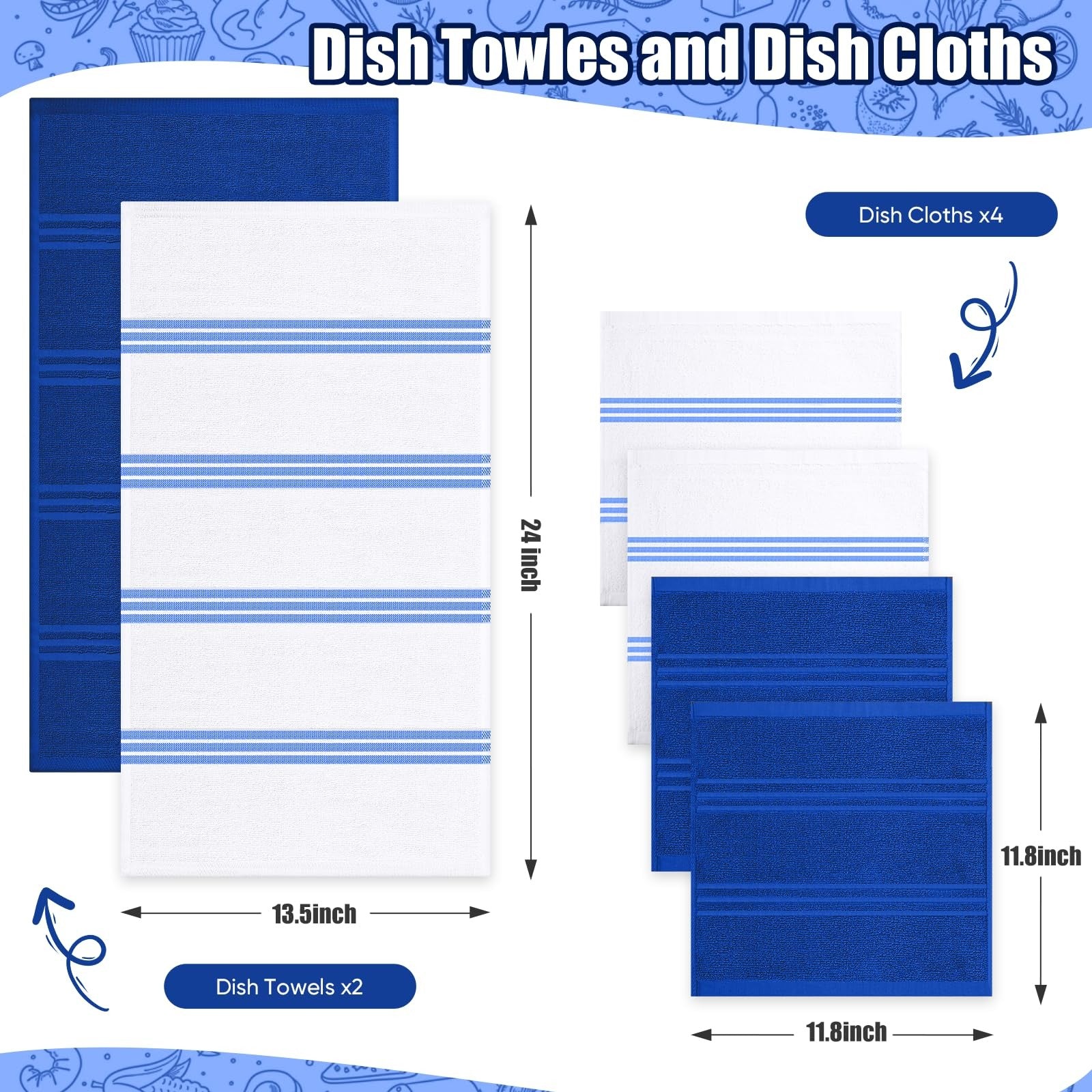Qevooon 100% cotton dish towels and dishcloths with matching oven mitts, kitchen linen set, blue and white tea towels and mitts.