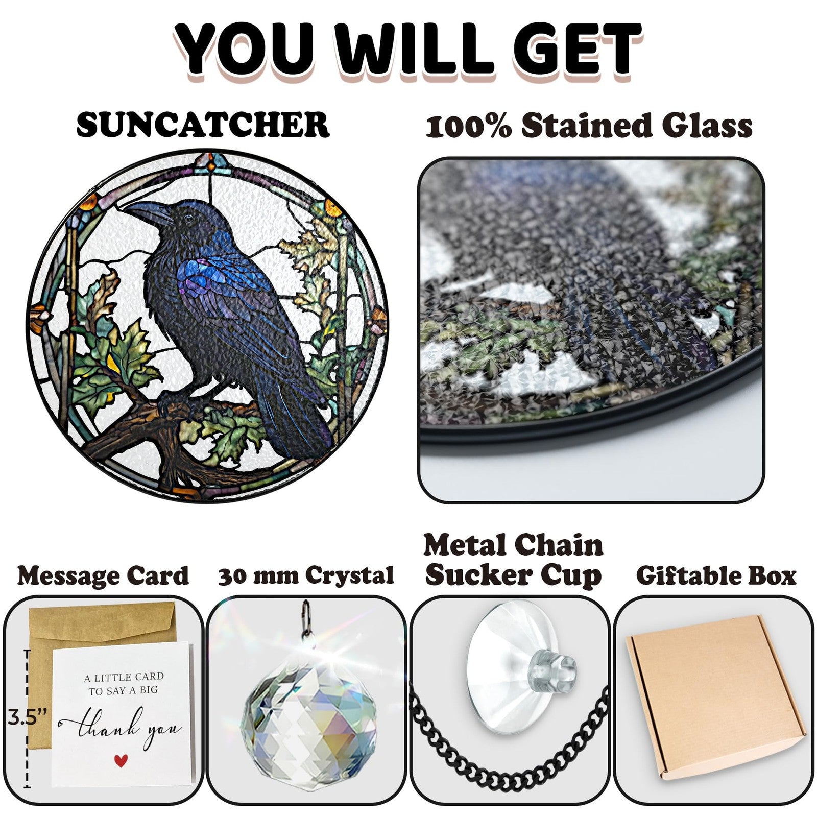 7.8-inch crow stained glass suncatcher by vinatimes featuring gothic art glass ravens for indoor sun catchers