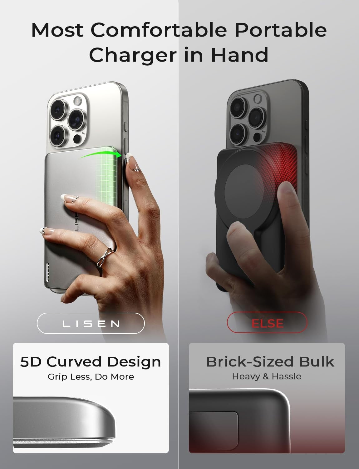 LISEN Qi2 15W ultra-slim MagSafe battery pack with 5000mAh capacity for fast wireless charging of compatible devices.