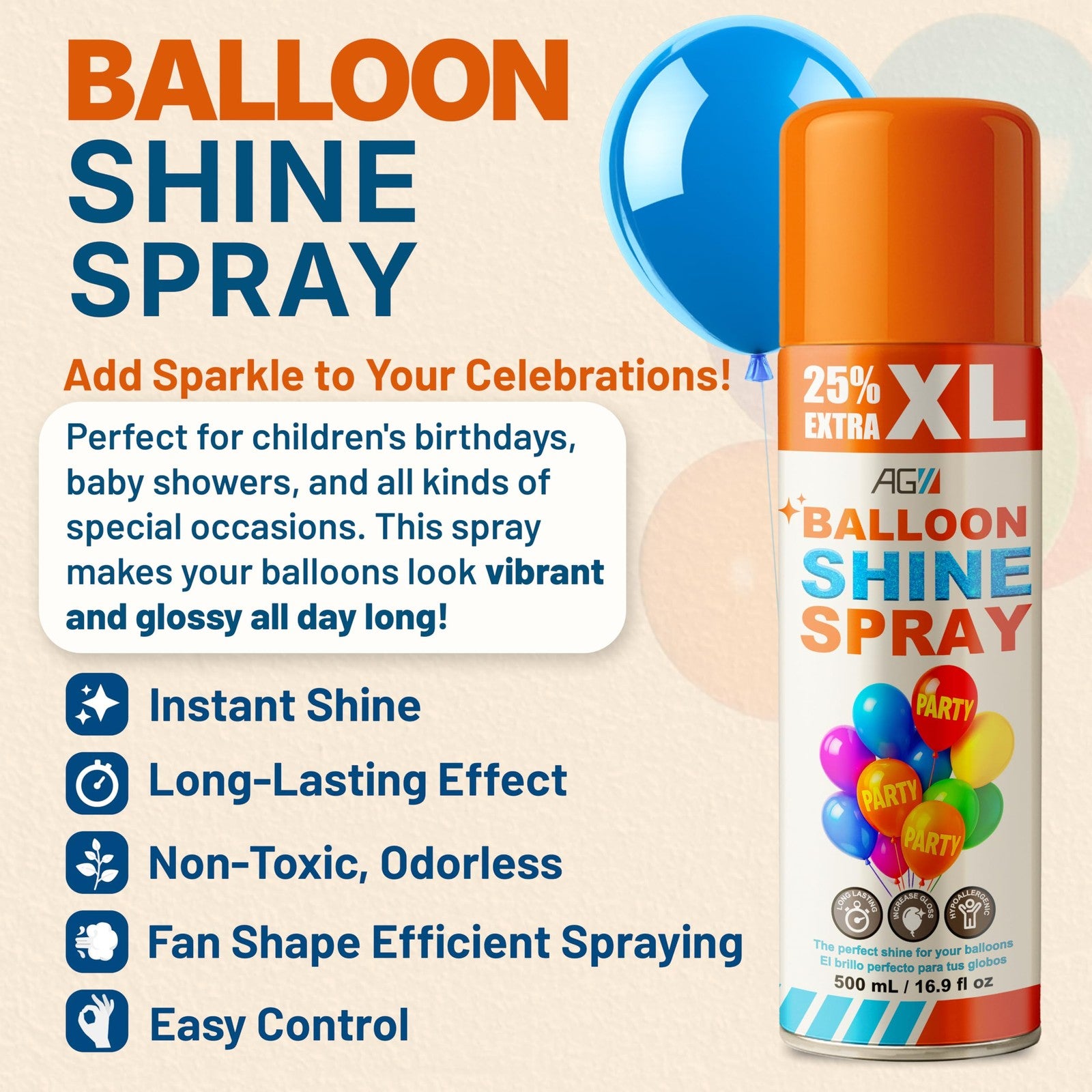 Ag Adhesive Guru Balloon Shine Spray bottle with high gloss finish for latex balloons, 3x16.9 fl oz, displayed on a white background.