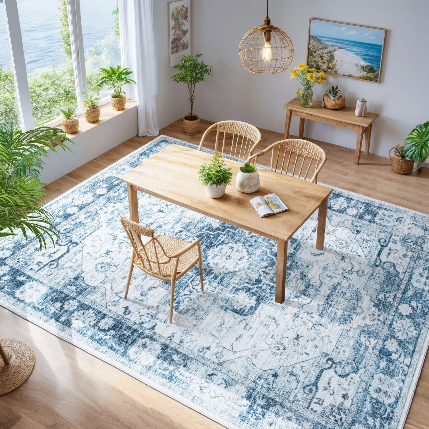 Syalife 5x7 washable area rug with ultra-soft, stain-resistant, low pile, non-slip backing in a cozy home decor setting