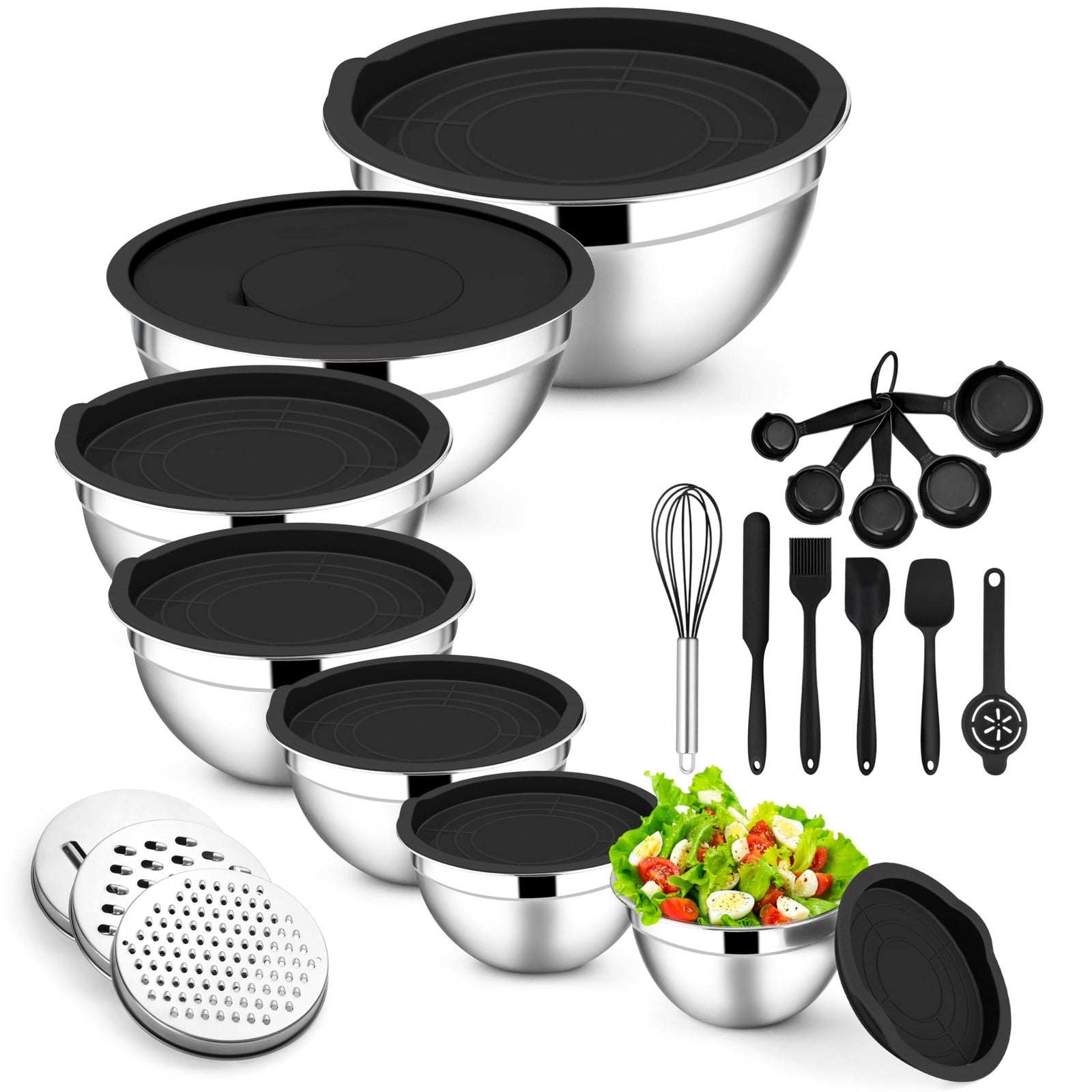 E-far 21-piece stainless steel mixing bowls with lids set, includes various sizes for salads, baking, and food prep.