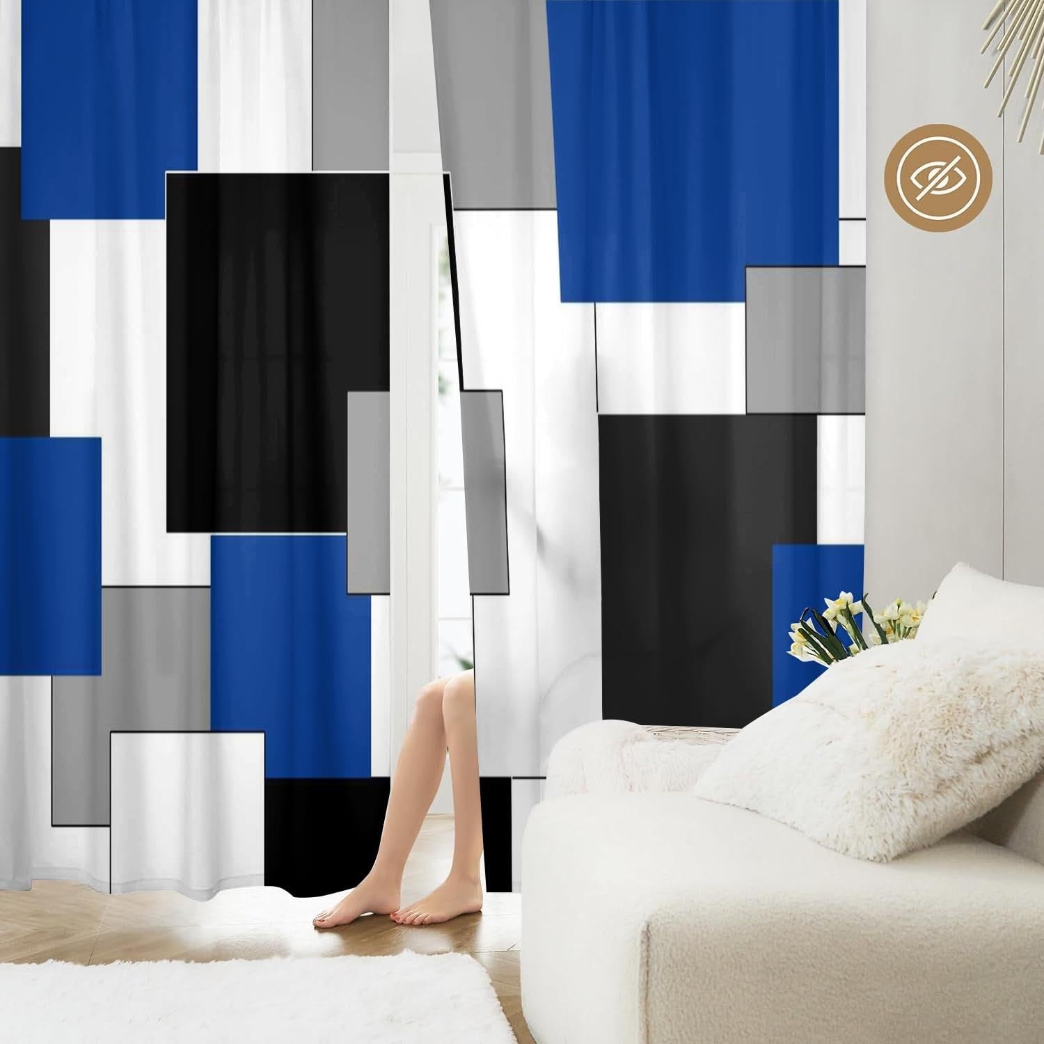 Blue and black XFLINGBAO living room curtains with geometric design, 84-inch length, stylish window treatment.