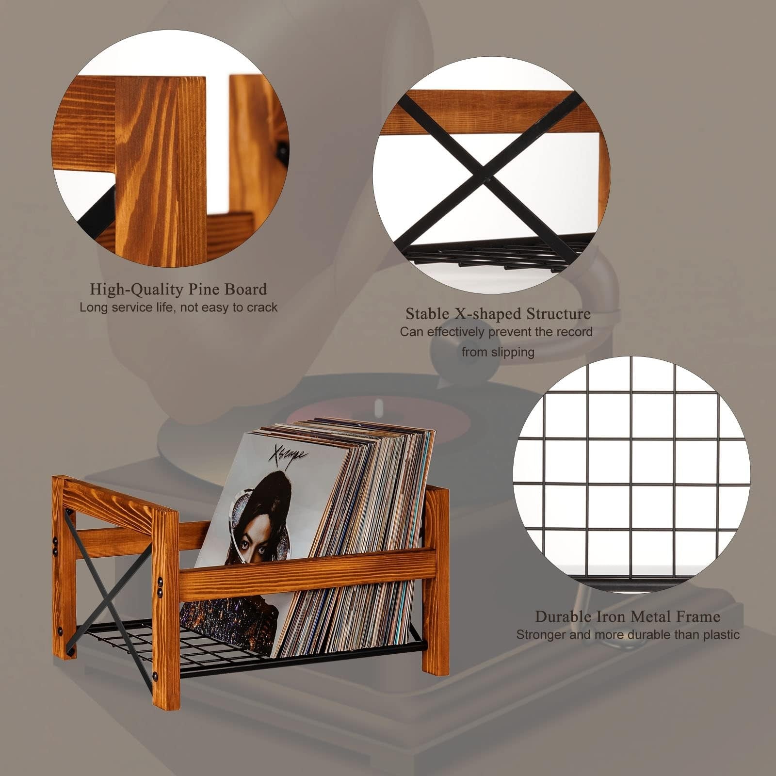 X-cosrack vinyl record holder for 7-12 inch albums, holds 50 to 100 records, made of durable material, ideal for record storage.
