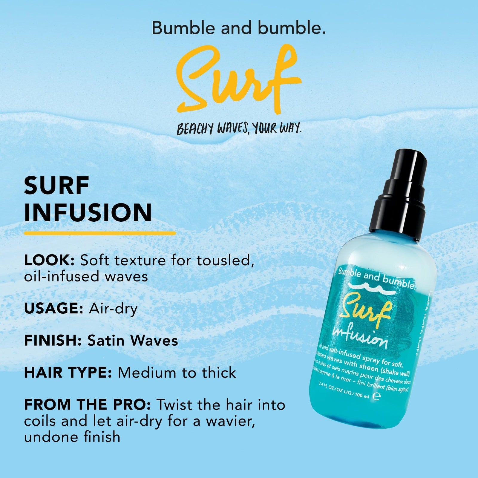 Bumble and bumble Surf Infusion Sea Salt Spray bottle with textured hair showing beachy, tousled waves and shiny, sun-kissed look.