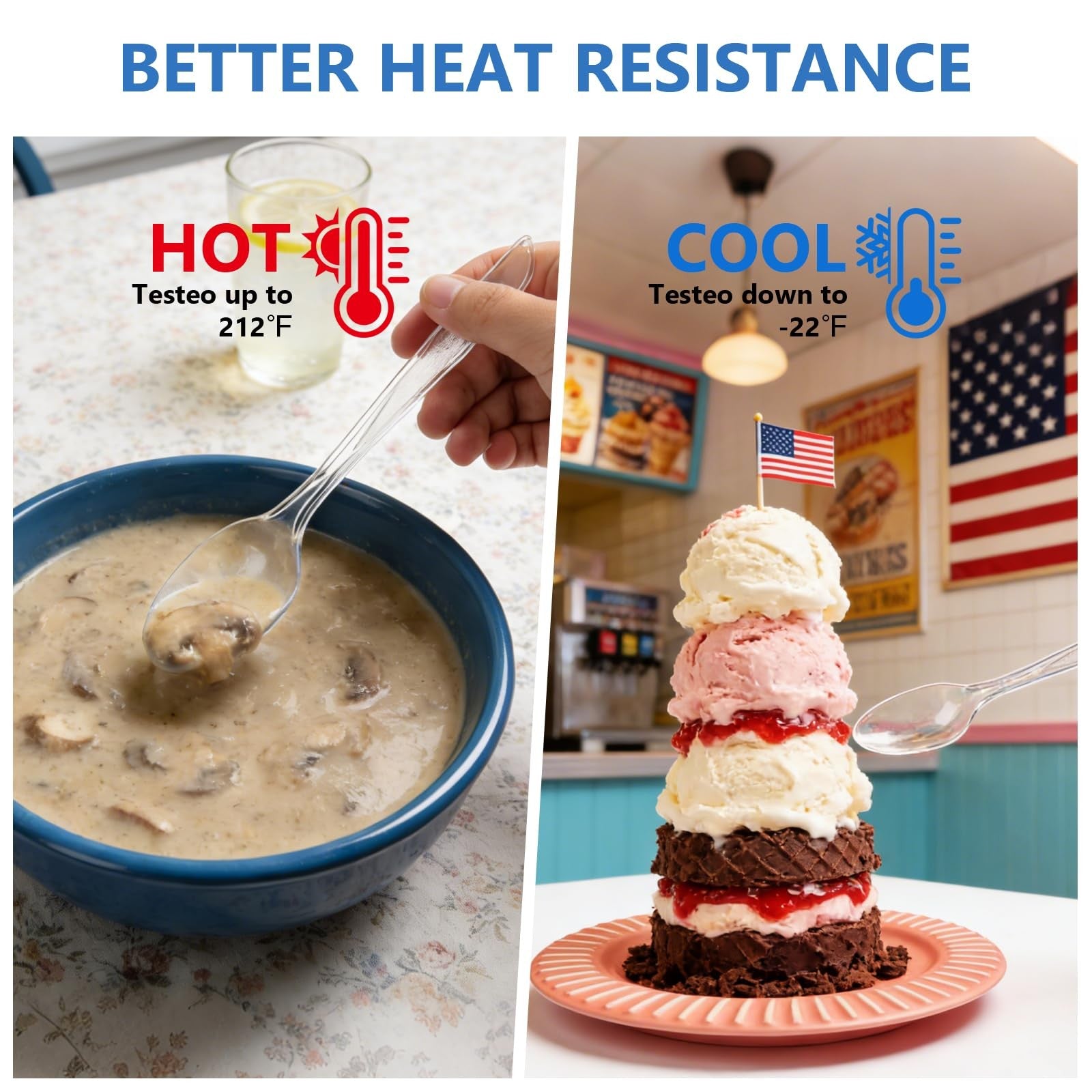 SACATR 500-count heavy-duty clear plastic spoons, BPA-free, heat-resistant disposable utensils displayed in a stack.