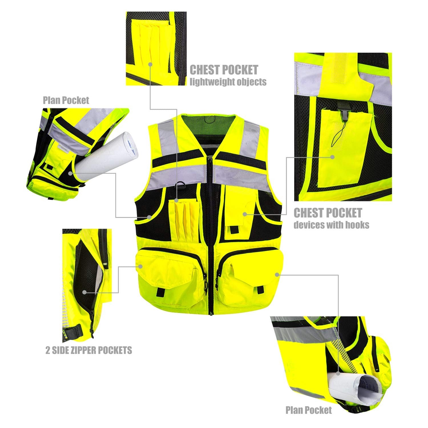 Black knitted safety vest with 3M reflective stripes and 10 pockets, high-visibility work vest suitable for safety and utility.