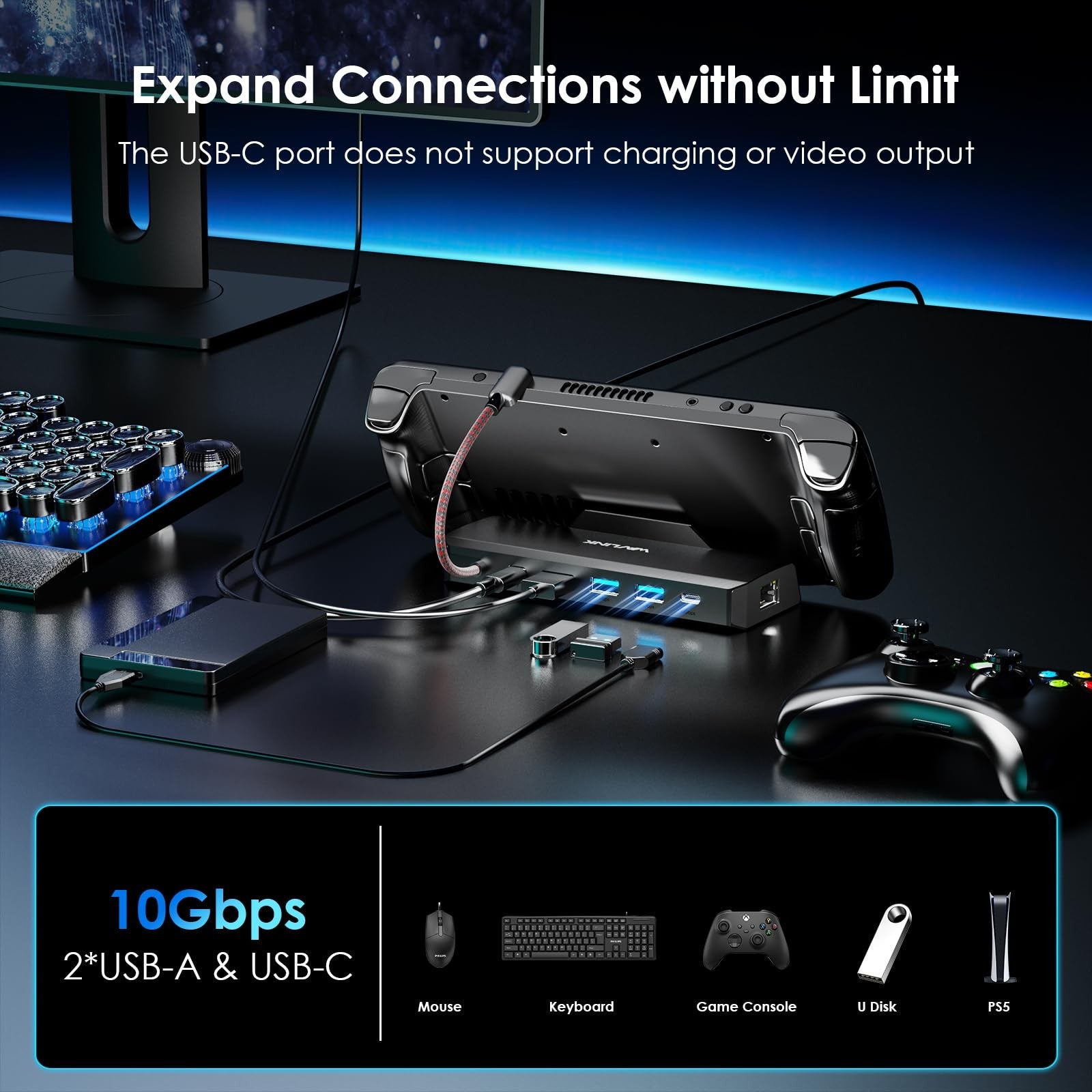 WAVLINK 6-in-1 Steam Deck dock with HDMI 2.1 port, 3 USB ports, 100W power delivery, and sleek design for gaming and productivity.