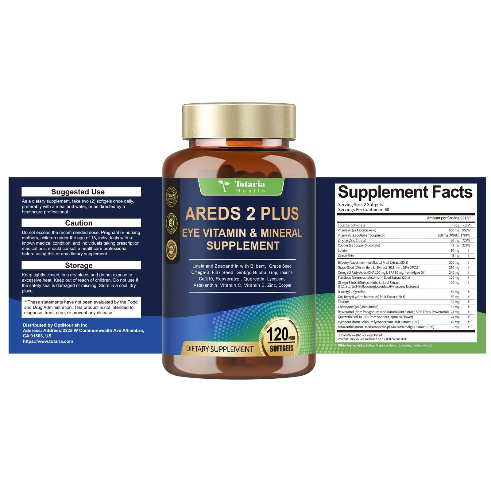 Totaria 19-in-1 AREDS 2 eye vitamins supplement with lutein, zeaxanthin, and dry eye support capsules on a white background.
