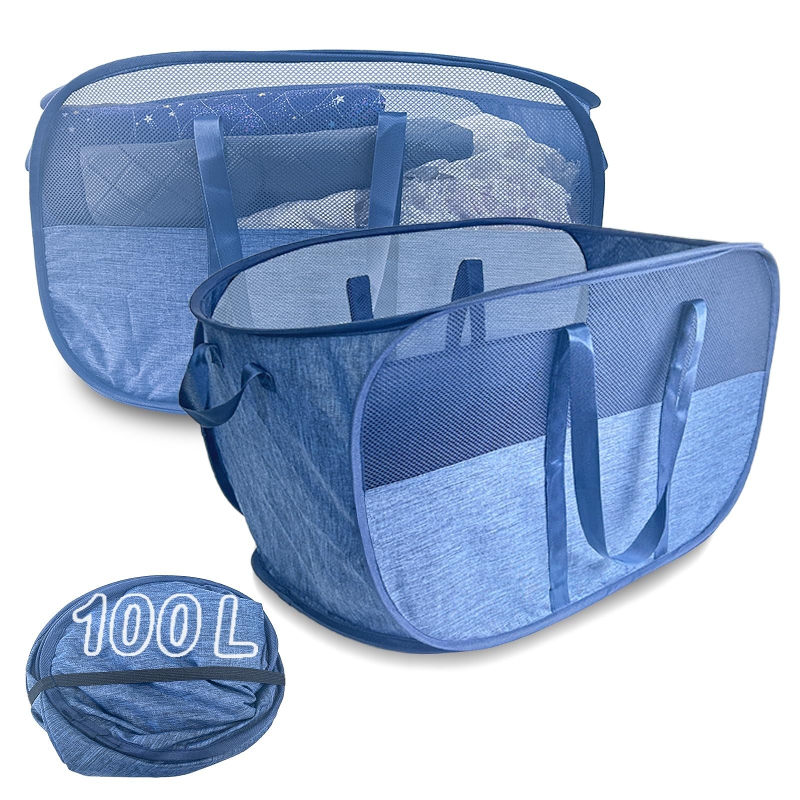 NairSnow 100L collapsible laundry baskets, two large mesh pop-up hampers with handles for easy laundry storage and transport.