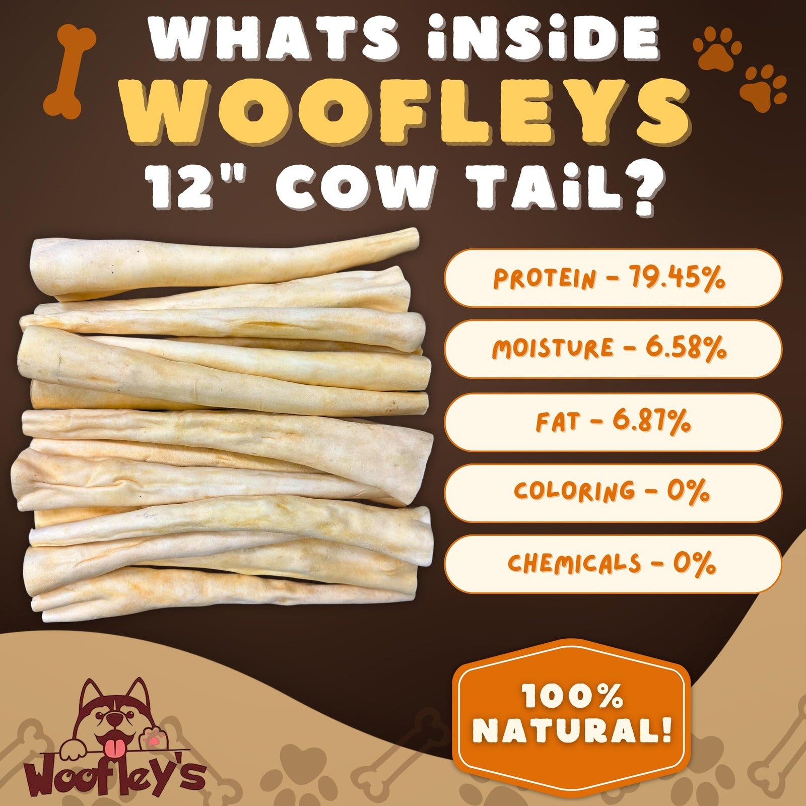 Woofley's 12-inch cow tail dog chews, high-protein ox tail bones, in a pack of 25, ideal for canine dental health and chewing enjoyment.