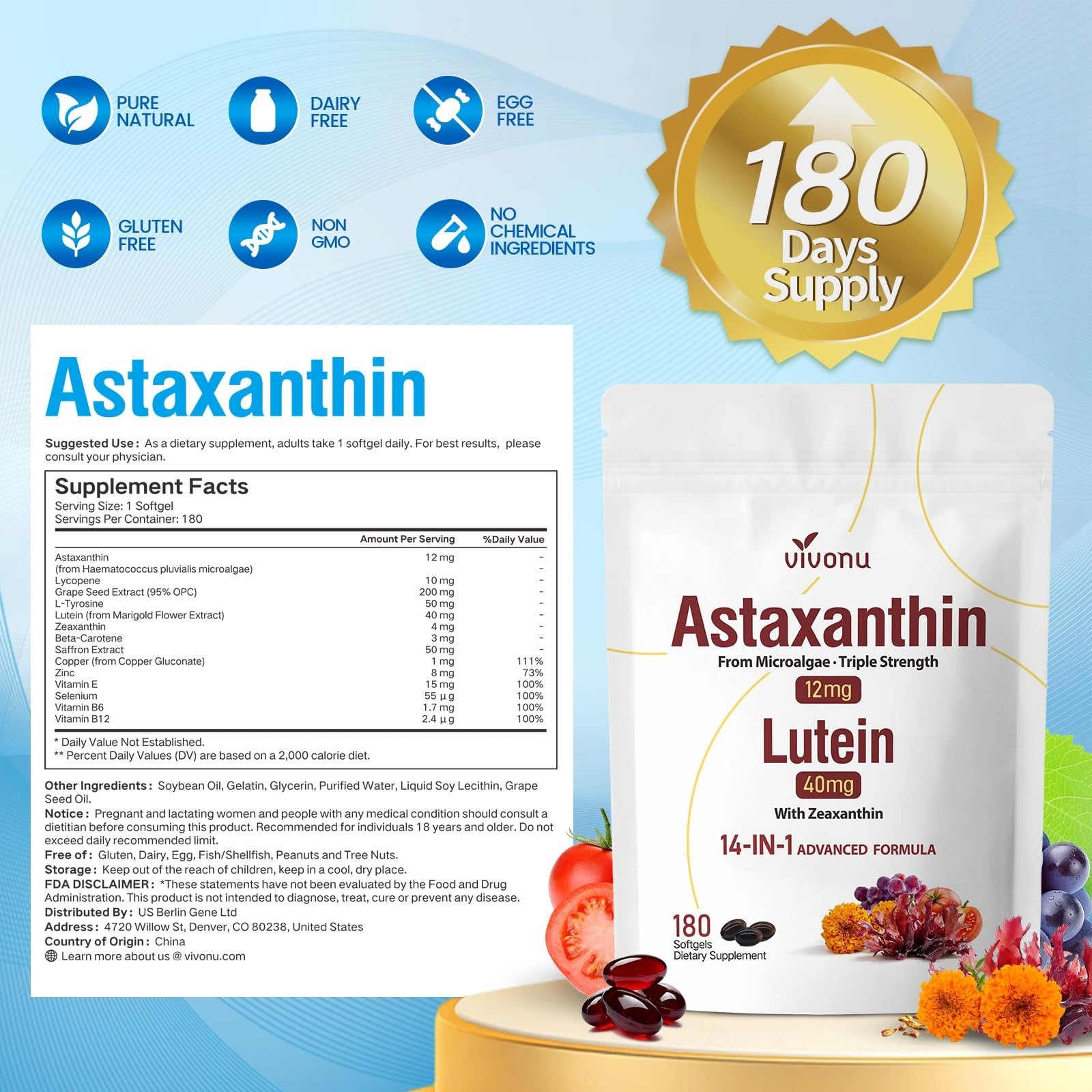 VivoNu 14-in-1 Astaxanthin 12mg and Lutein 40mg supplement bottle with capsules, showing the label and product packaging.