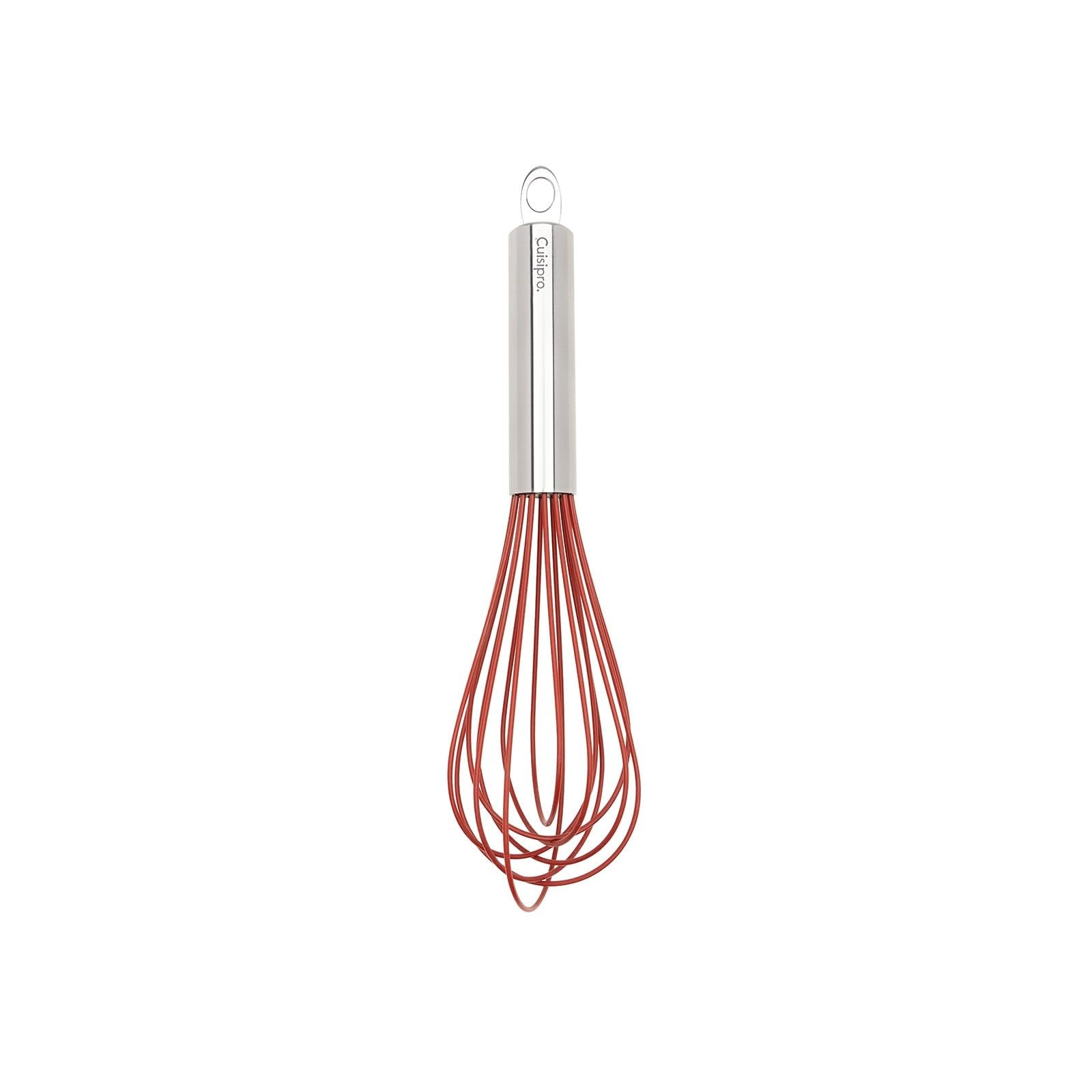 Cuisipro 10-inch red silicone piano whisk with a sleek handle, ideal for mixing and whisking in the kitchen.