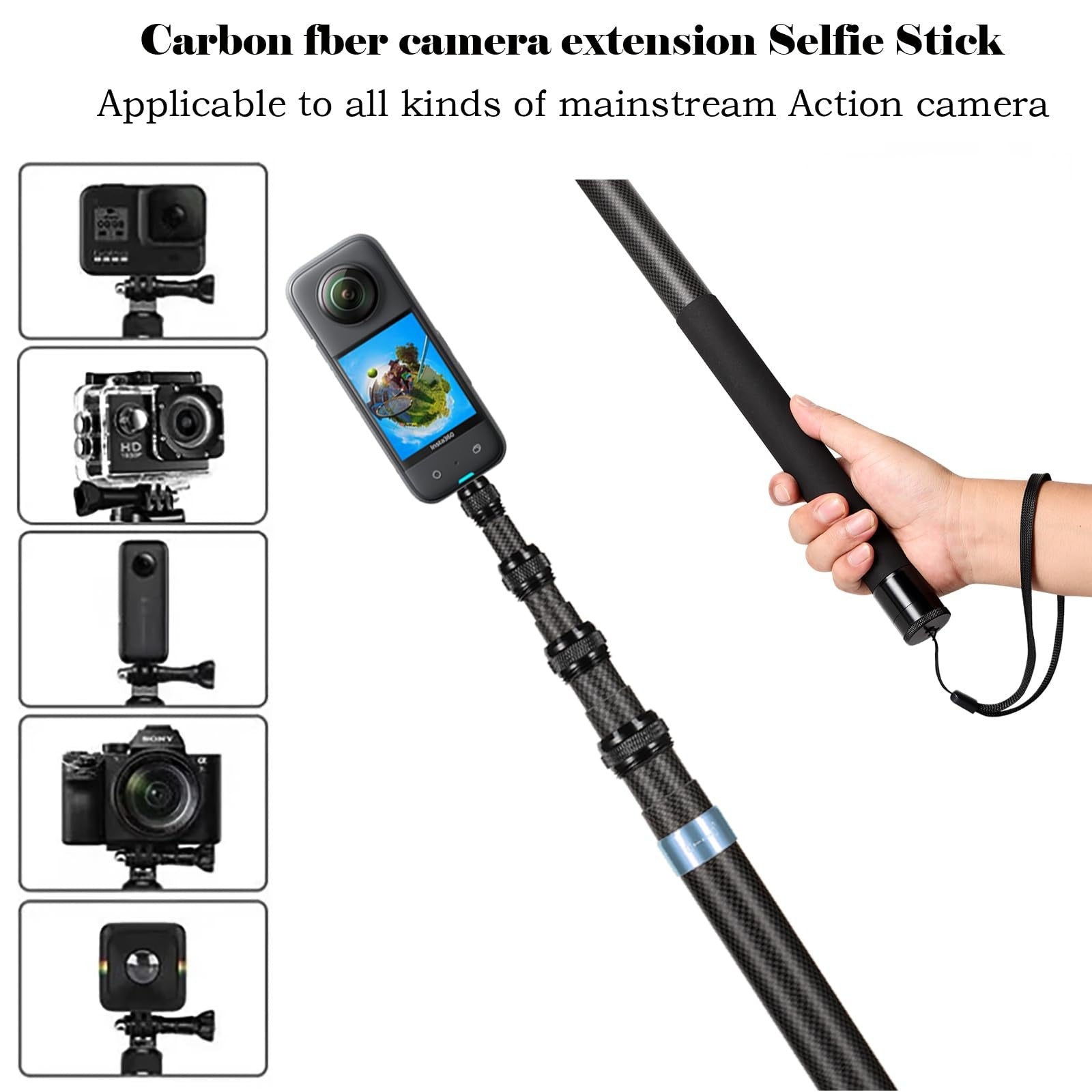 Brave Heart 118-inch invisible carbon fiber selfie stick for Insta360 X5, X4, X3, ONE X2, R, X, and GO, showing extended selfie stick.