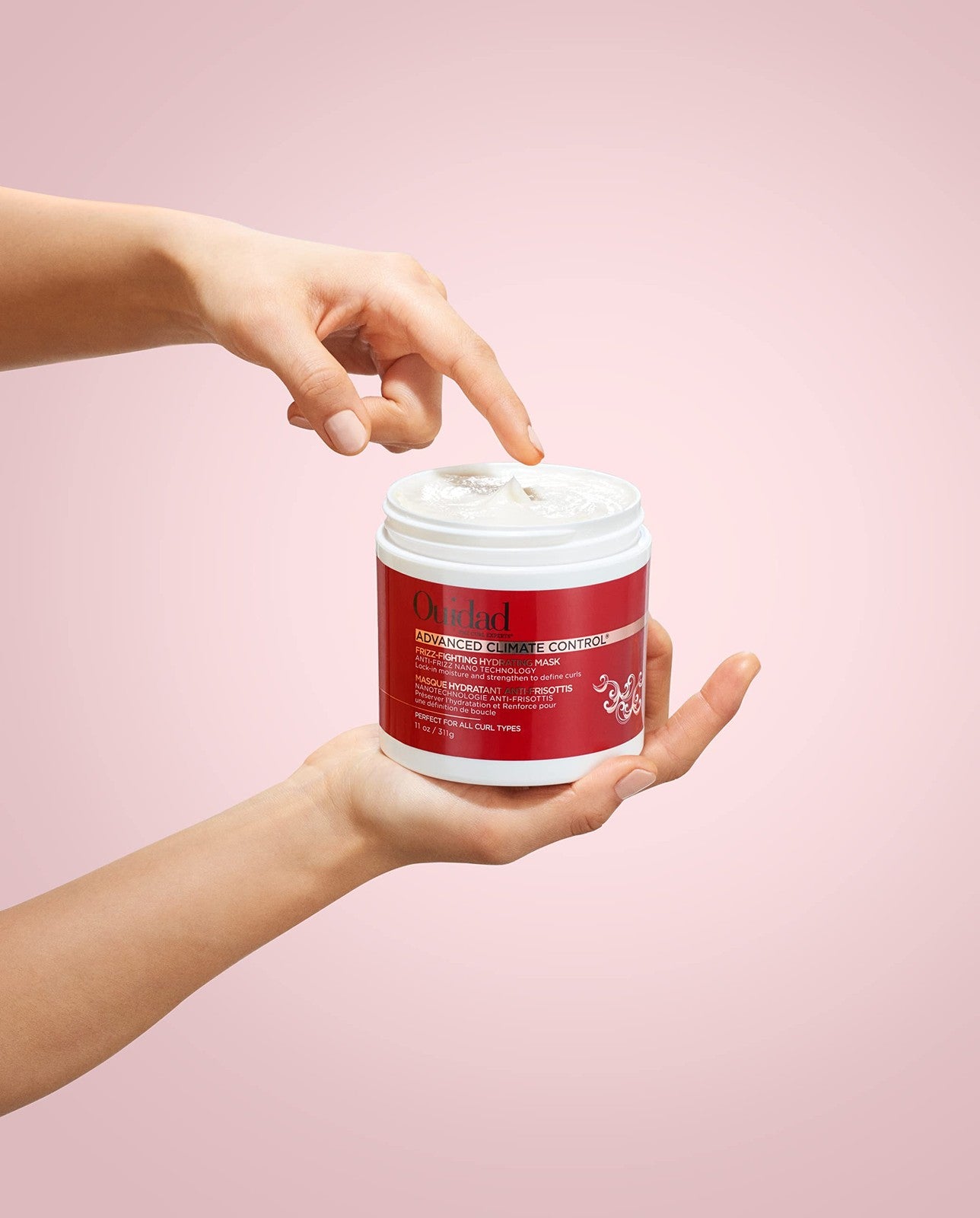 Ouidad Advanced Climate Control Hair Mask in 11 oz, curly hair frizz control mask with nourishing formula and product packaging.