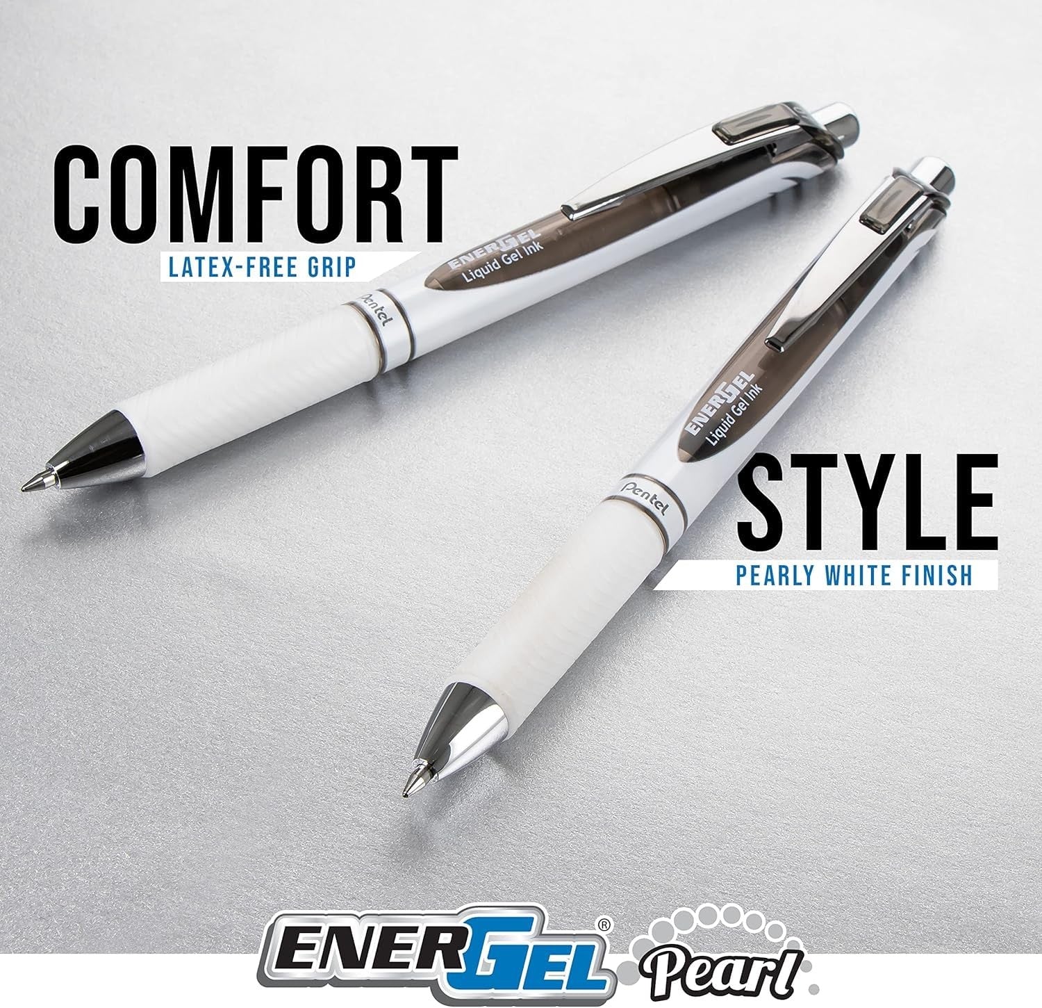 Pentel Energel Pearl medium point 0.7mm retractable metal tip pens, shown with multiple pens in a row.