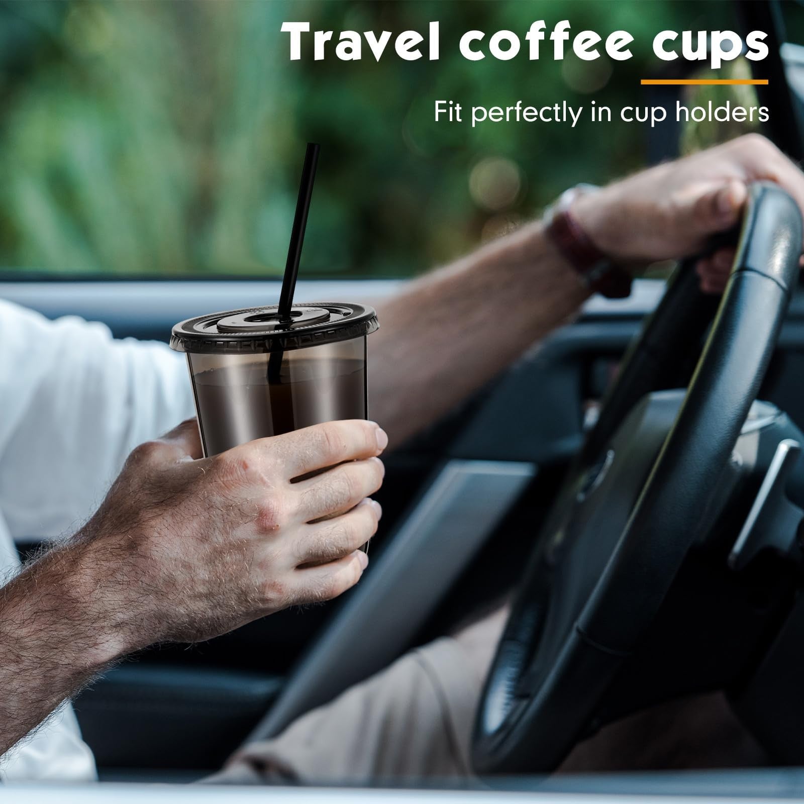 Set of Ziliny 50 clear plastic cups with lids and straws, 16 oz PET disposable iced drink cups, stacked and ready for use.