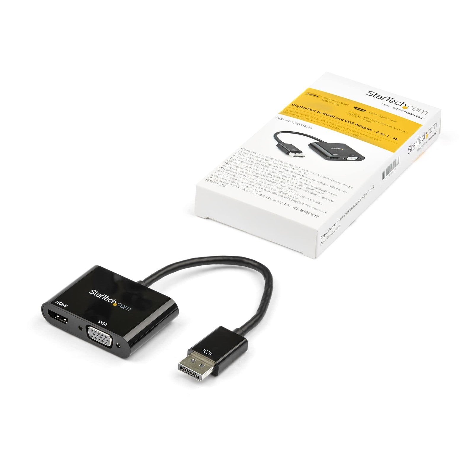 StarTech.com DisplayPort to HDMI VGA adapter showing ports and connectors for 4K 60Hz video output.