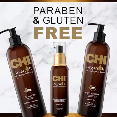 CHI Argan Oil and Moringa Oil Luxe Trio Kit with shampoo and conditioner bottles, showcasing the hair care set.