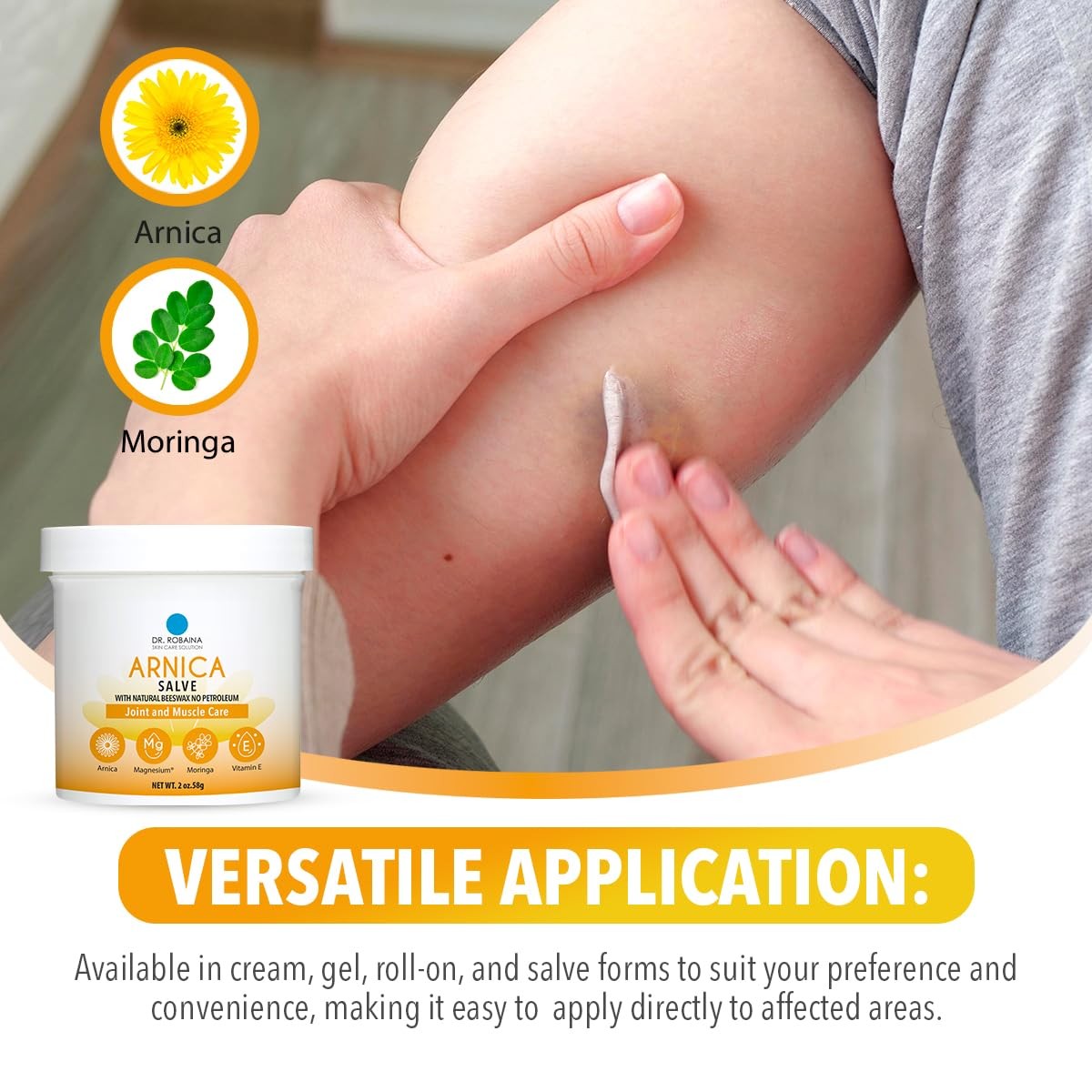 Dr. Robaina Arnica Salve in a jar, showing the fast-absorbing balm for bruises, swelling, and muscle recovery with herbal ingredients.
