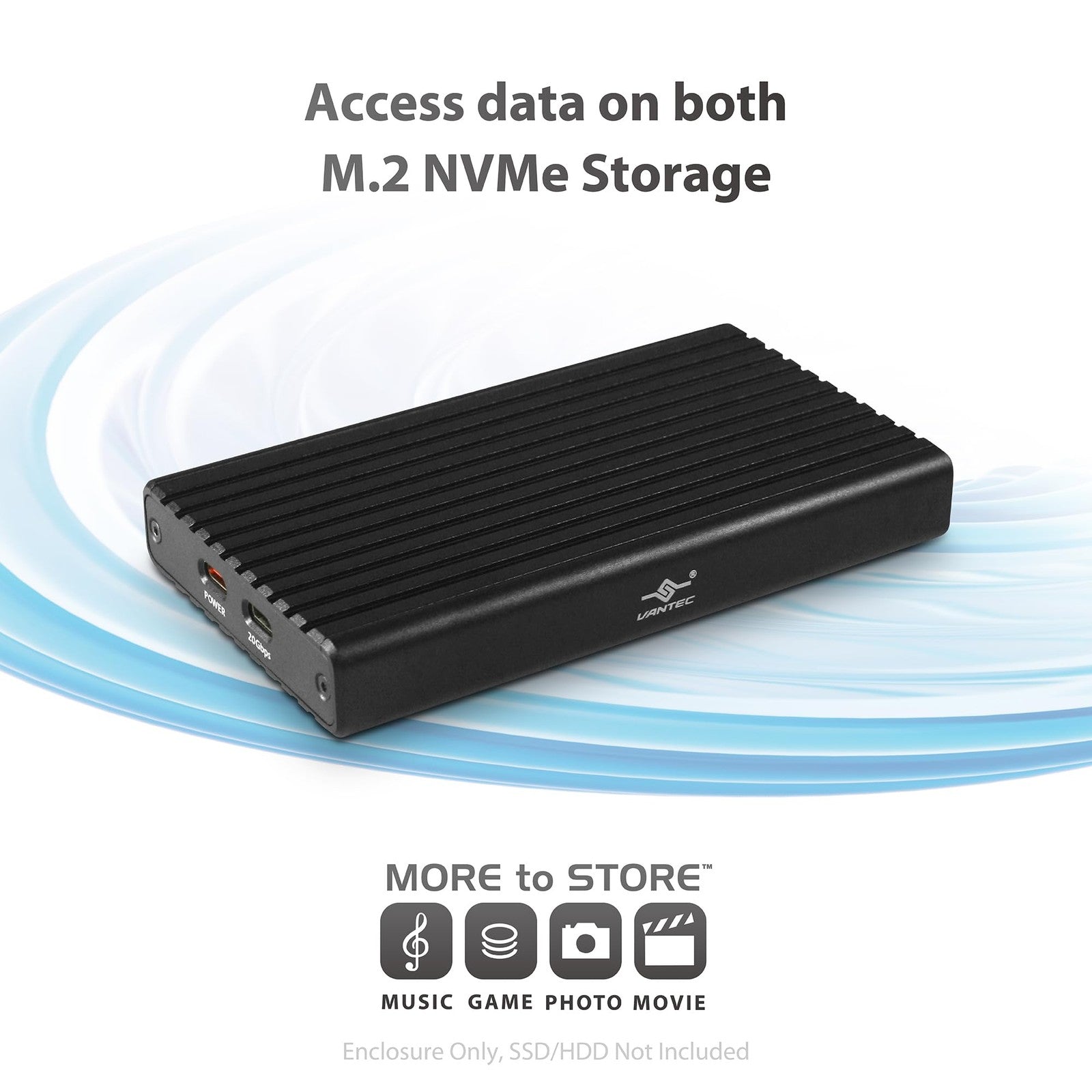 Vantec NexStar SX USB 3.2 Gen2x2 dual M.2 NVMe enclosure with USB C port, black metal case and front indicator lights.