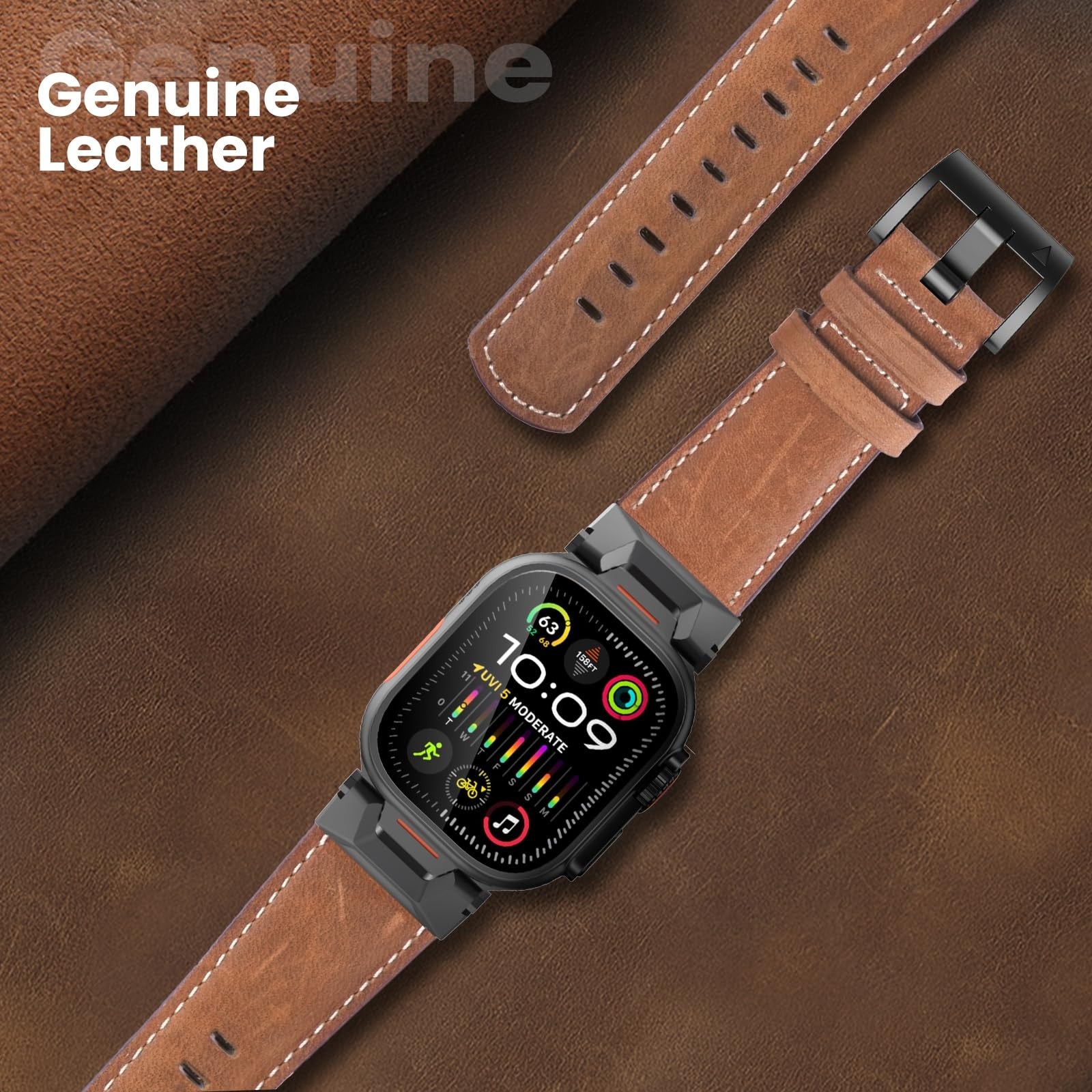 Bouixel genuine leather Apple Watch Ultra 3 band in black, compatible with 49mm and 46mm models, featuring a smooth leather strap.