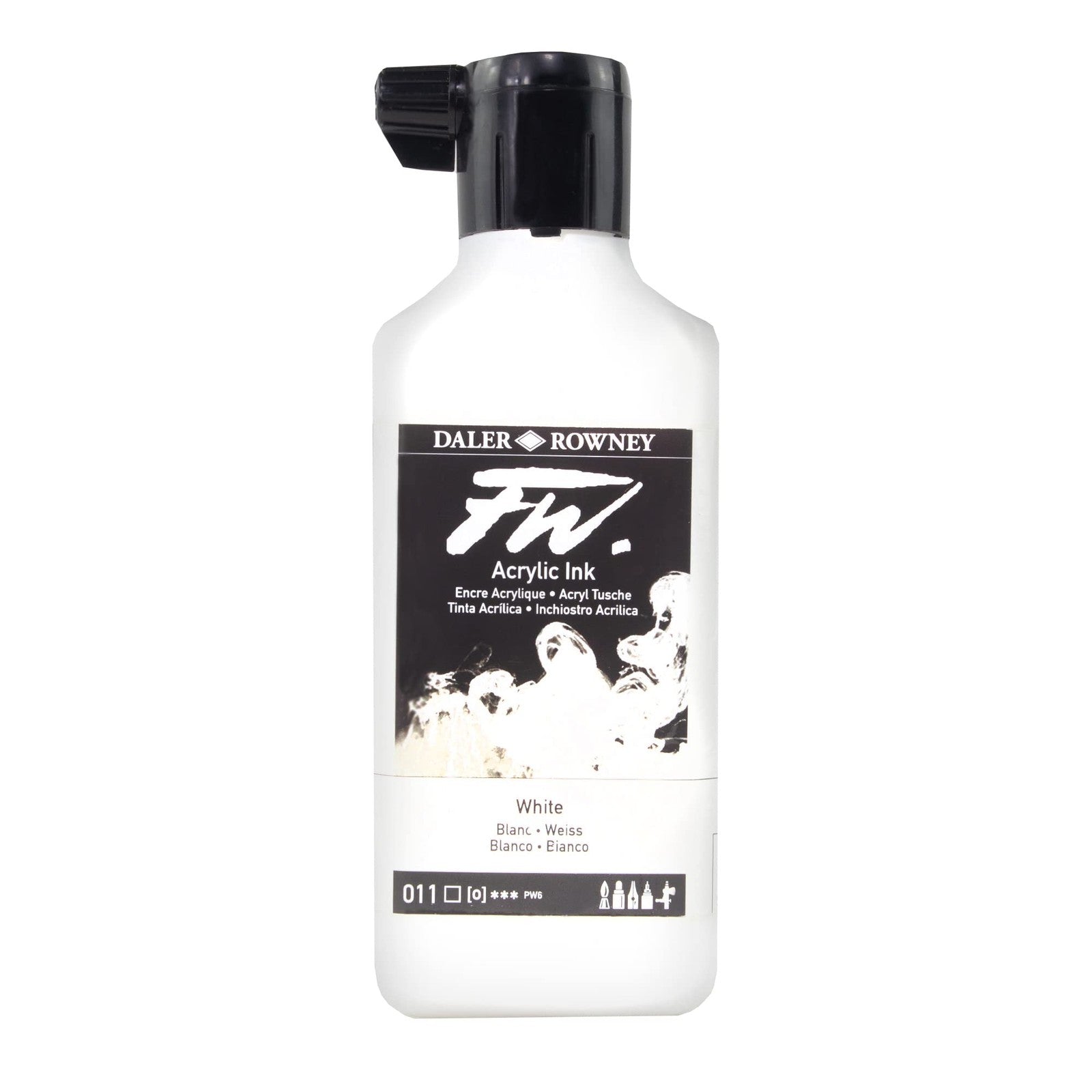 Daler-Rowney FW Acrylic Ink bottle in white, versatile acrylic drawing ink for art projects and creative illustrations.